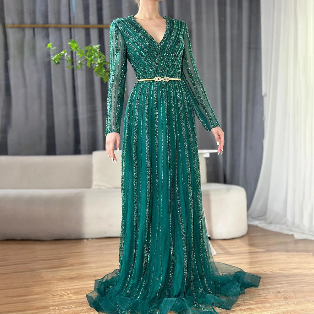 Luxury Muslim Green Evening Dresses for Women 2025 - Elegant Long Sleeve Beaded Gowns for Parties, Weddings & Special Occasions