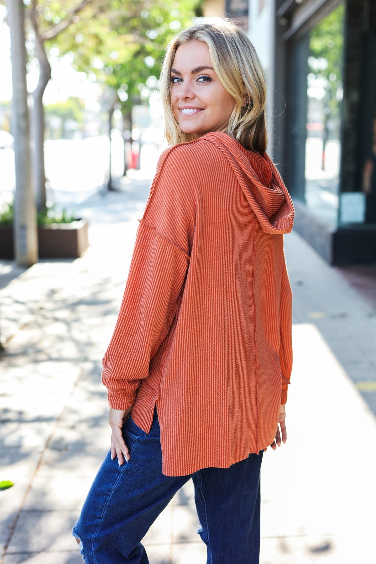 Cozy Days Rust Mineral Wash Rib Knit Hoodie - Soft Vintage Pullover for Women & Men | Perfect for Fall Layering, Casual Outfits & Loungewear