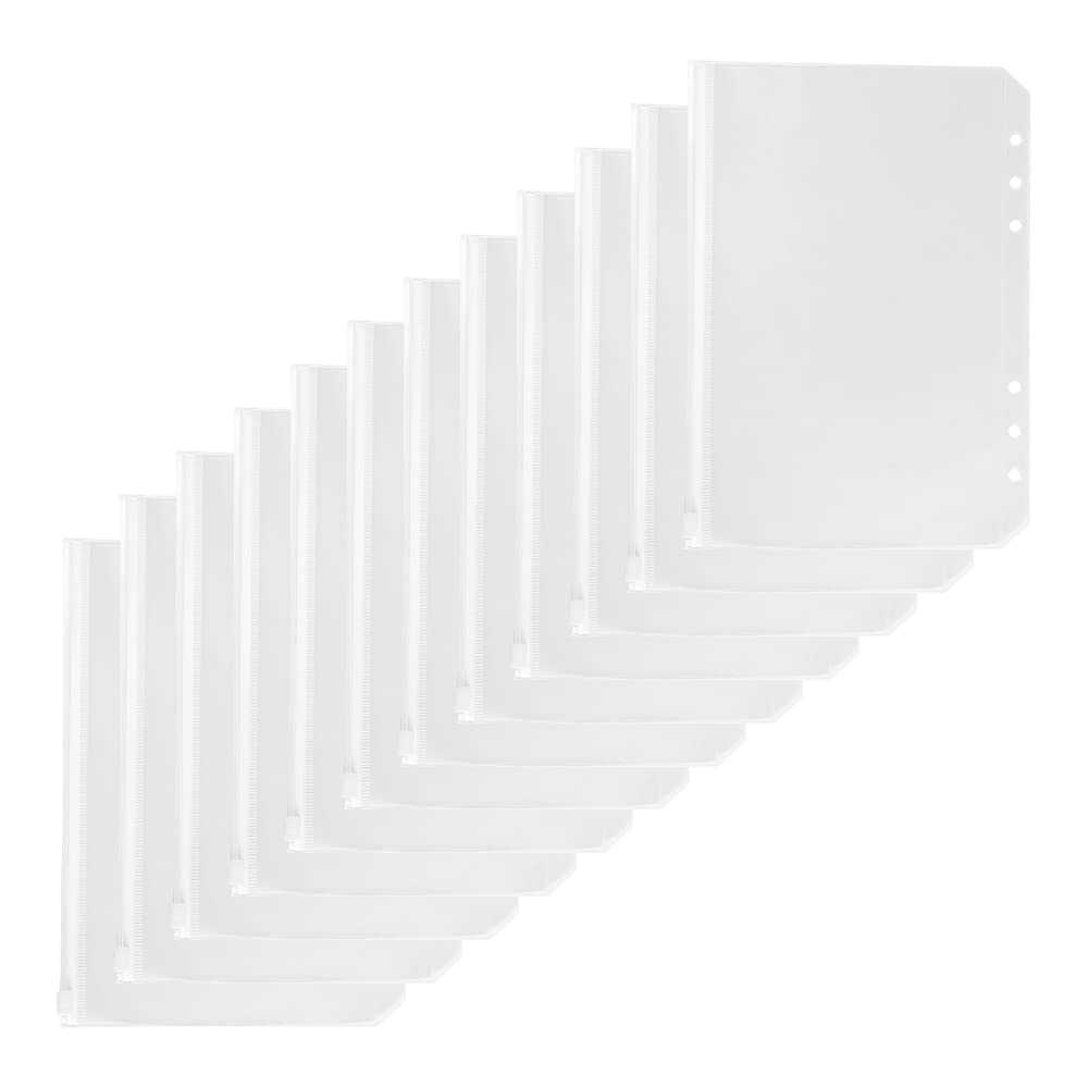 12 Pack A5 Clear Plastic Zipper Binder Envelopes - Waterproof PVC Pockets for 6-Ring Loose Leaf File Folders, Refillable Planner Covers - Perfect for School, Office & Document Organization