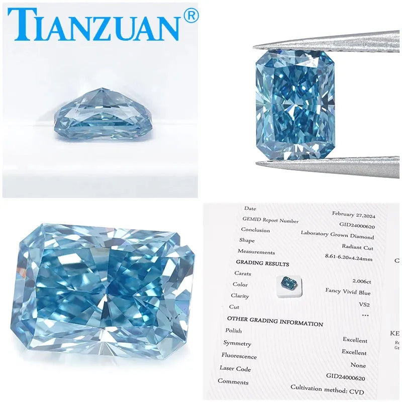 Radiant Cut Lab Grown CVD Diamond - Fancy Vivid Blue VVS1/VS2 3EX Certified Loose Gemstone | Engagement Rings, Wedding Bands & Fine Jewelry Making