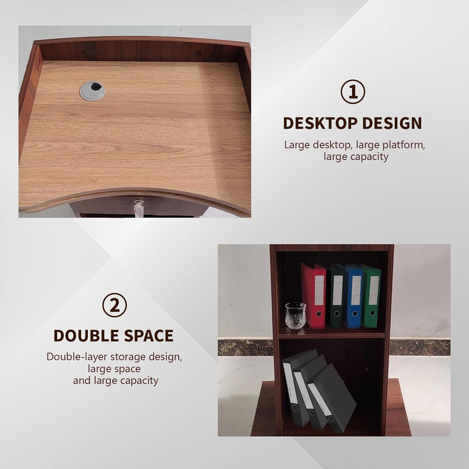 Premium Wooden Podium with Wheels - 2-Tier Storage & Locking Drawers | Silent Rollers & Thickened Board | Ideal for Church, School, Lectures & Conferences | Upgrade Hostess Stand for Professional Events & Presentations