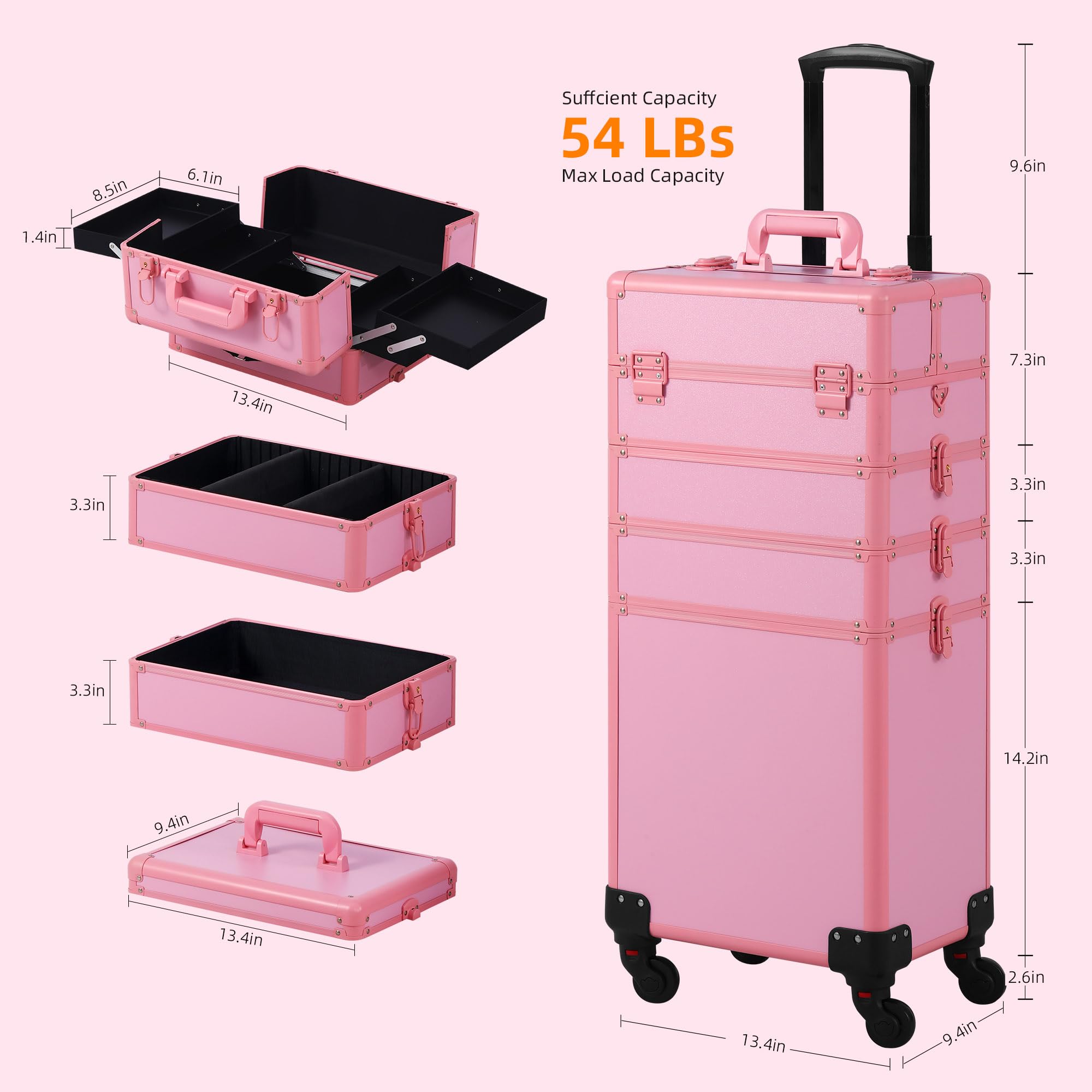 Professional Rolling Makeup Train Case with Lid - 5-in-1 Cosmetic Organizer on Wheels for Salon, Barber & Travel | Large Pink Cosmetology Case | Perfect Christmas Gift for Makeup Artists & Stylists
