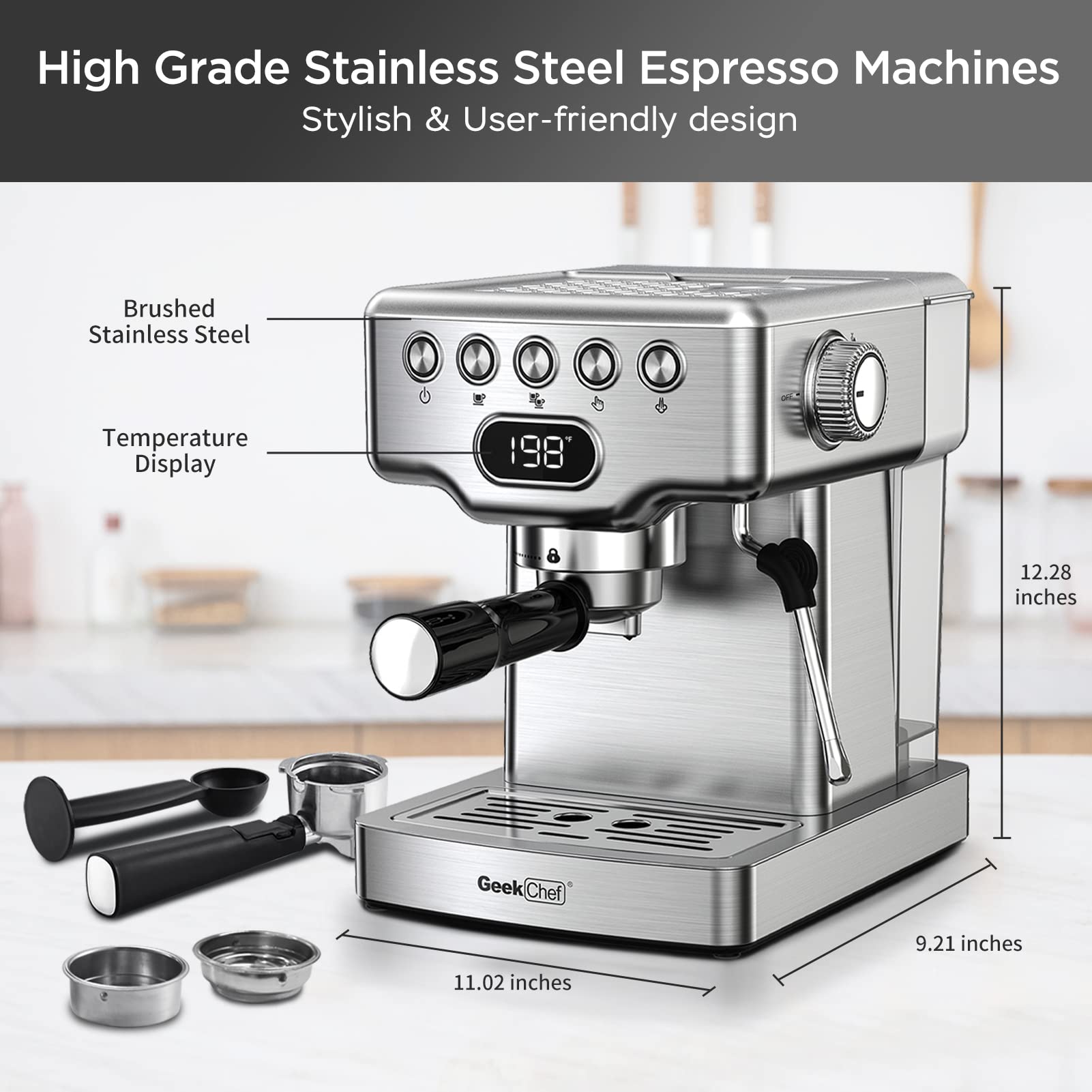 Geek Chef 20 Bar Espresso Coffee Machine with Milk Frother - Fast Heating Automatic Latte & Cappuccino Maker for Home & Office Use - Perfect for Coffee Lovers & Entertaining Guests