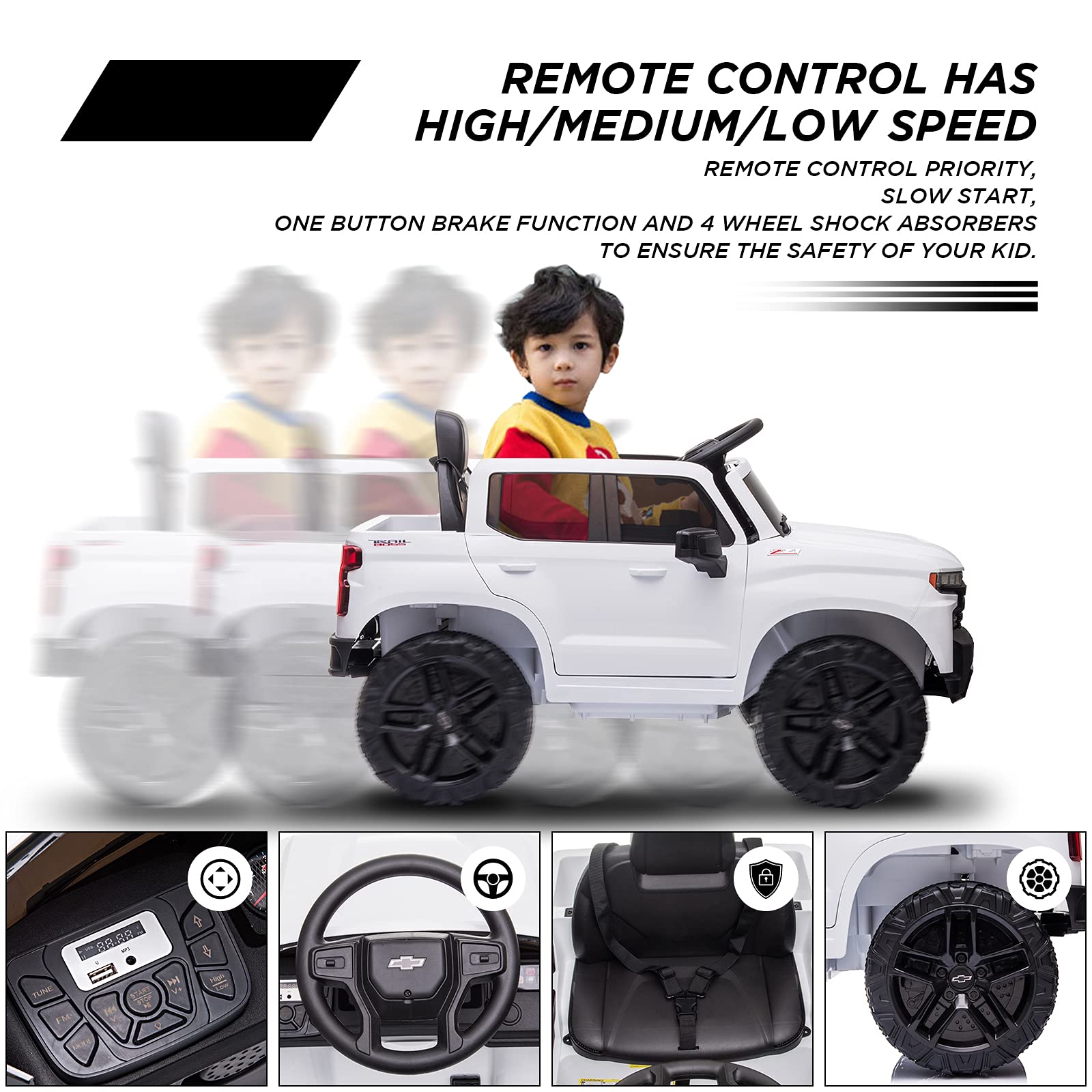 12V Remote Control Ride On Car for Kids - Licensed Chevrolet Silverado GMC Electric Toy Truck with MP3/Bluetooth, LED Lights & Spring Suspension | Battery Powered Toddler Vehicle for Indoor/Outdoor Play, Birthday Gifts & Family Fun