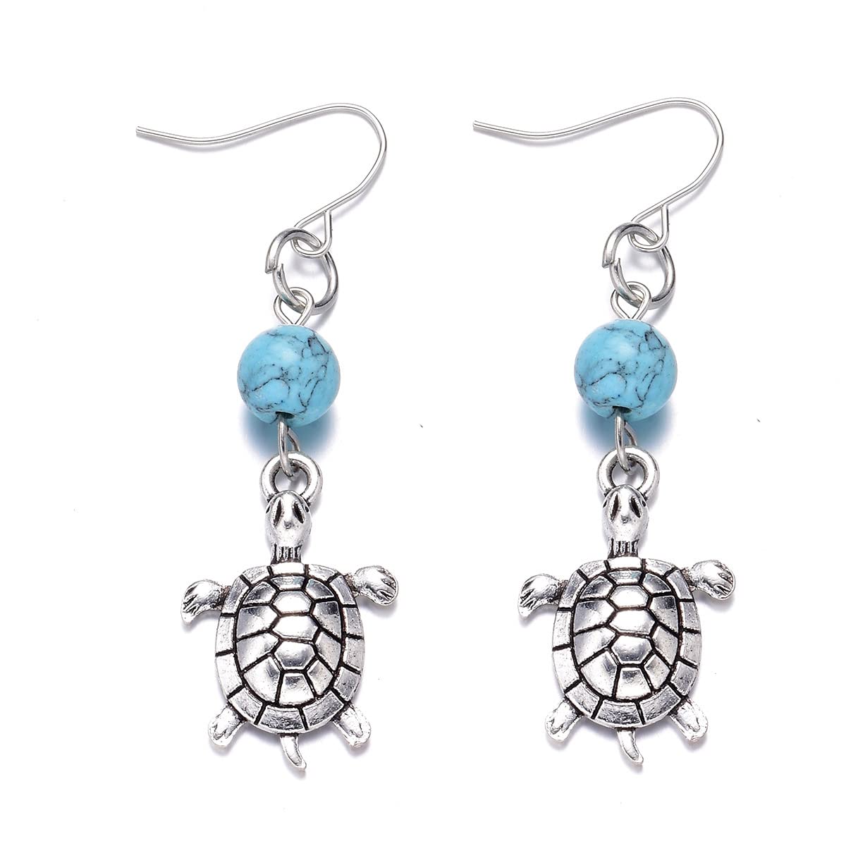 Handmade Polymer Clay Turtle Dangle Earrings with Turquoise Bead Stone - Cute Ocean Animal Jewelry for Women & Girls - Perfect for Beach Vacations, Summer Outfits and Gift Giving