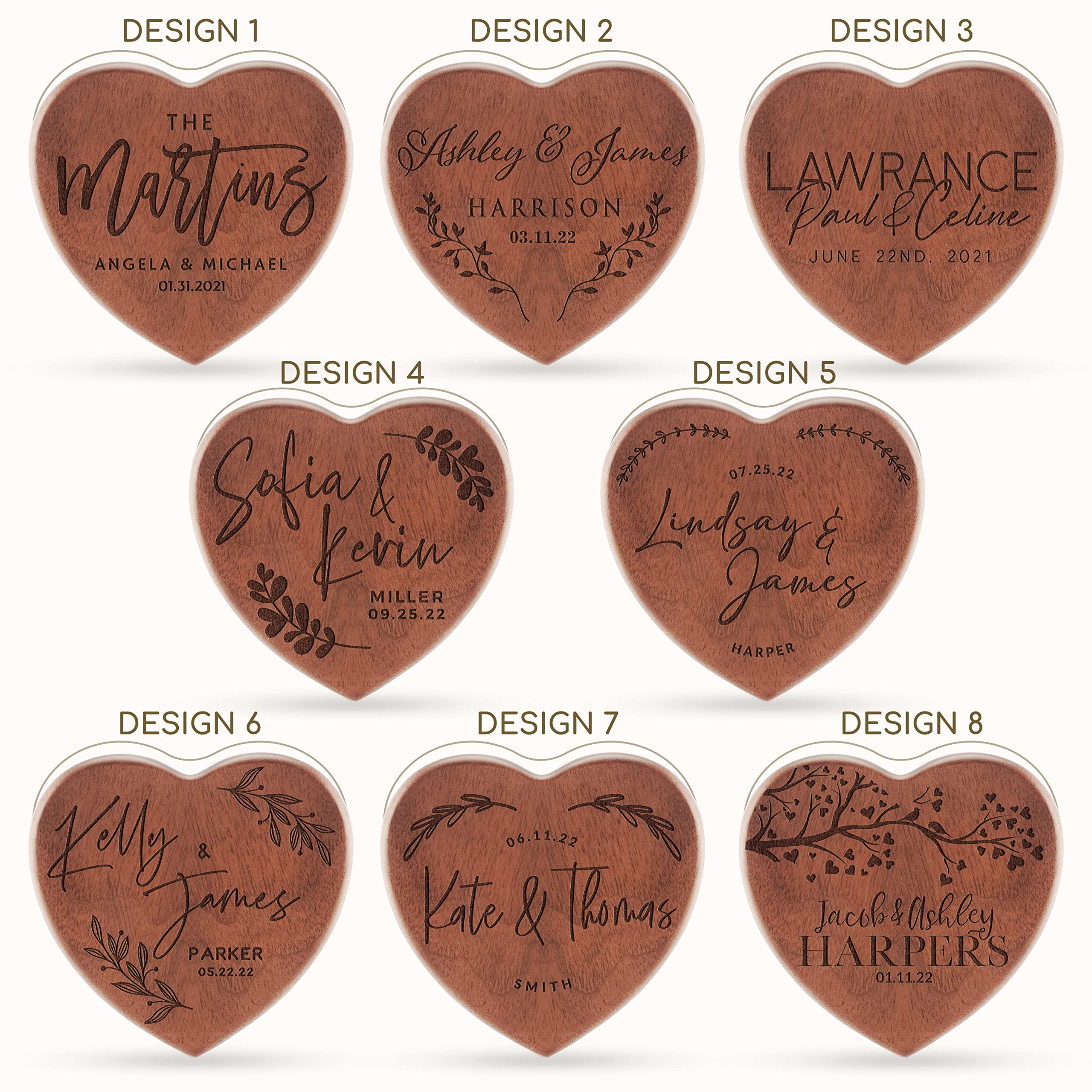 Personalized Wooden Ring Box - Custom Engraved Ring Bearer Box with Name & Family Name - Heart-Shaped Wedding Ring Holder for Proposals - 8 Unique Designs - Perfect for Engagement Ceremonies & Wedding Keepsakes (Ideal for Proposals, Vow Renewals, Anniversary Gifts)