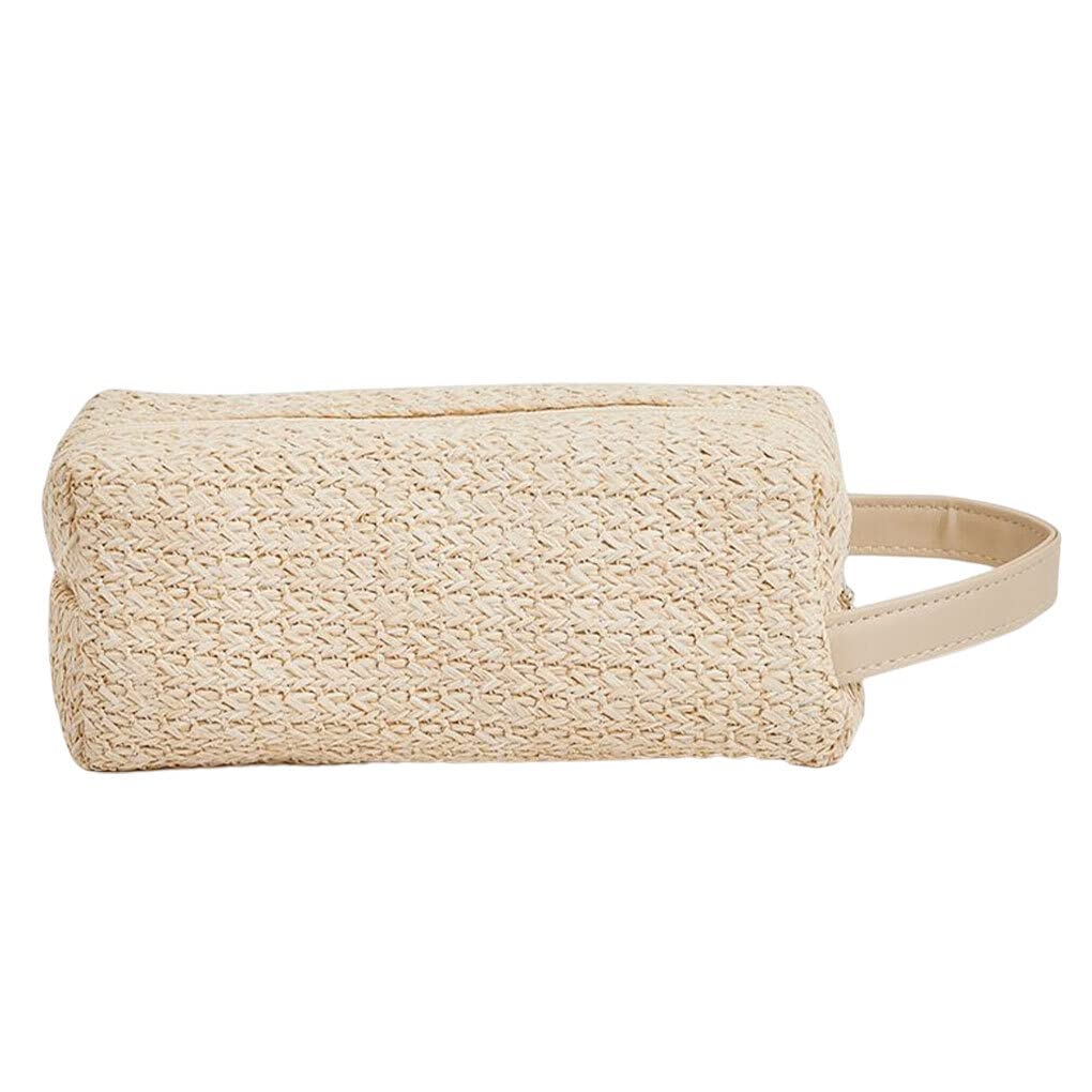 FIOERDTUIE Makeup Bag - Waterproof PVC Travel Cosmetic Organizer for Women, Portable Toiletry Pouch for Beauty Supplies, Straw Design Handbag for Beach & Outdoor Activities (Beige)