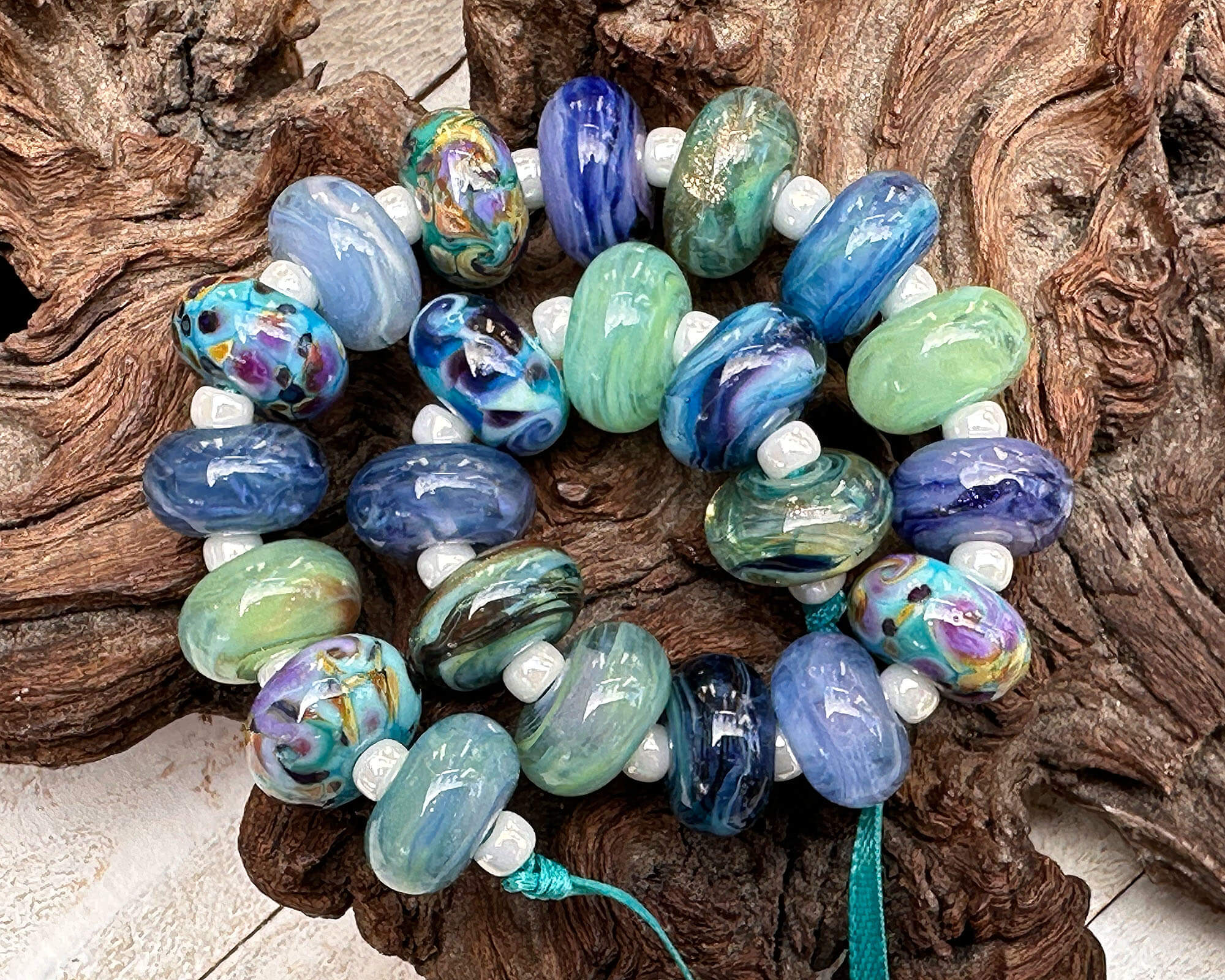 22 Blue Green Orphan Lampwork Glass Beads Set - Handmade SRA Artisan Beads for Jewelry Making, DIY Crafts, and Bracelet Designs - Perfect for Beaders and Craft Enthusiasts