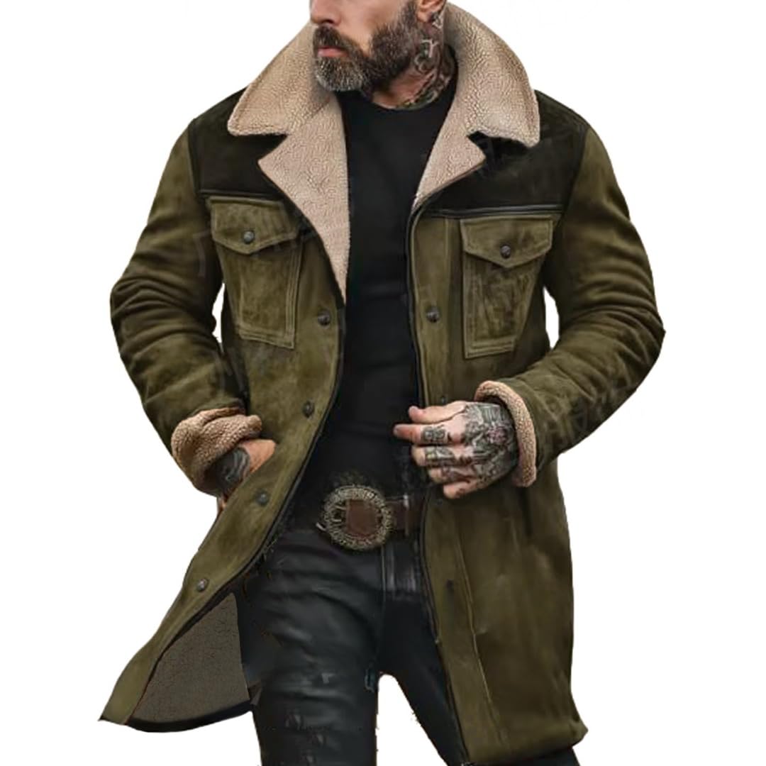 Vintage Suede Pocket Plush Reversible Collar Men's Outdoor Jacket - Western Windbreaker Coat for Hiking, Camping & Casual Wear