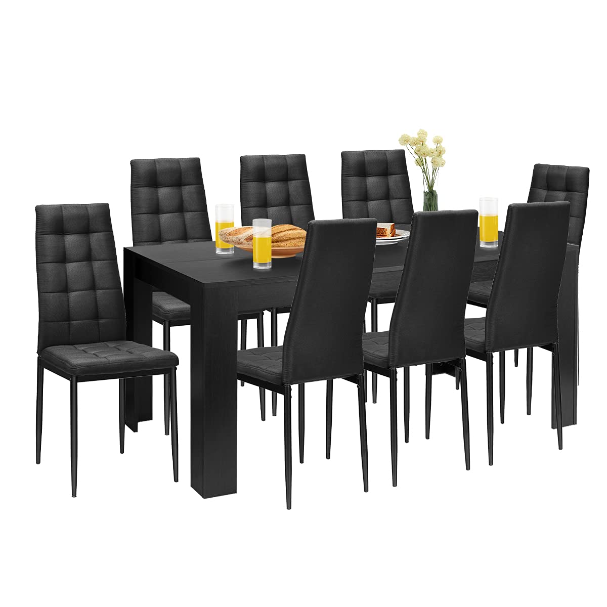 Giantex 9-Piece Modern Dining Table Set with Wood Rectangular Table & 8 Upholstered Chairs - Black Kitchen & Dining Room Furniture for Family Gatherings, Dinner Parties & Daily Meals