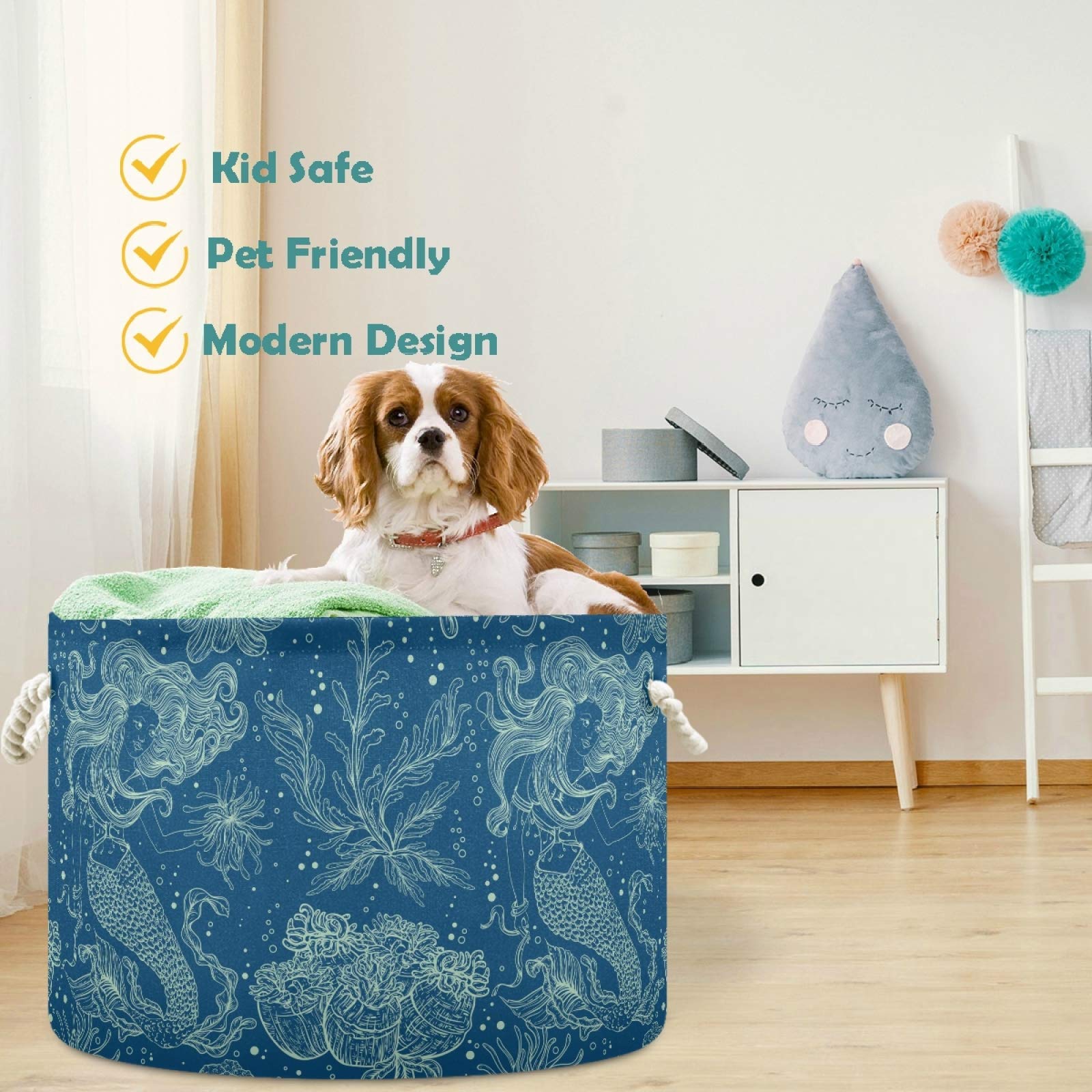 Visesunny Collapsible Large Capacity Storage Basket - Mermaid Fish Toy & Clothes Hamper with Durable Cotton Handles - Perfect for Bathroom, Bedroom, Nursery, Laundry & Closet Organization - Ideal for Kids' Room Decor, Beach Toy Storage & Home Organization Solutions