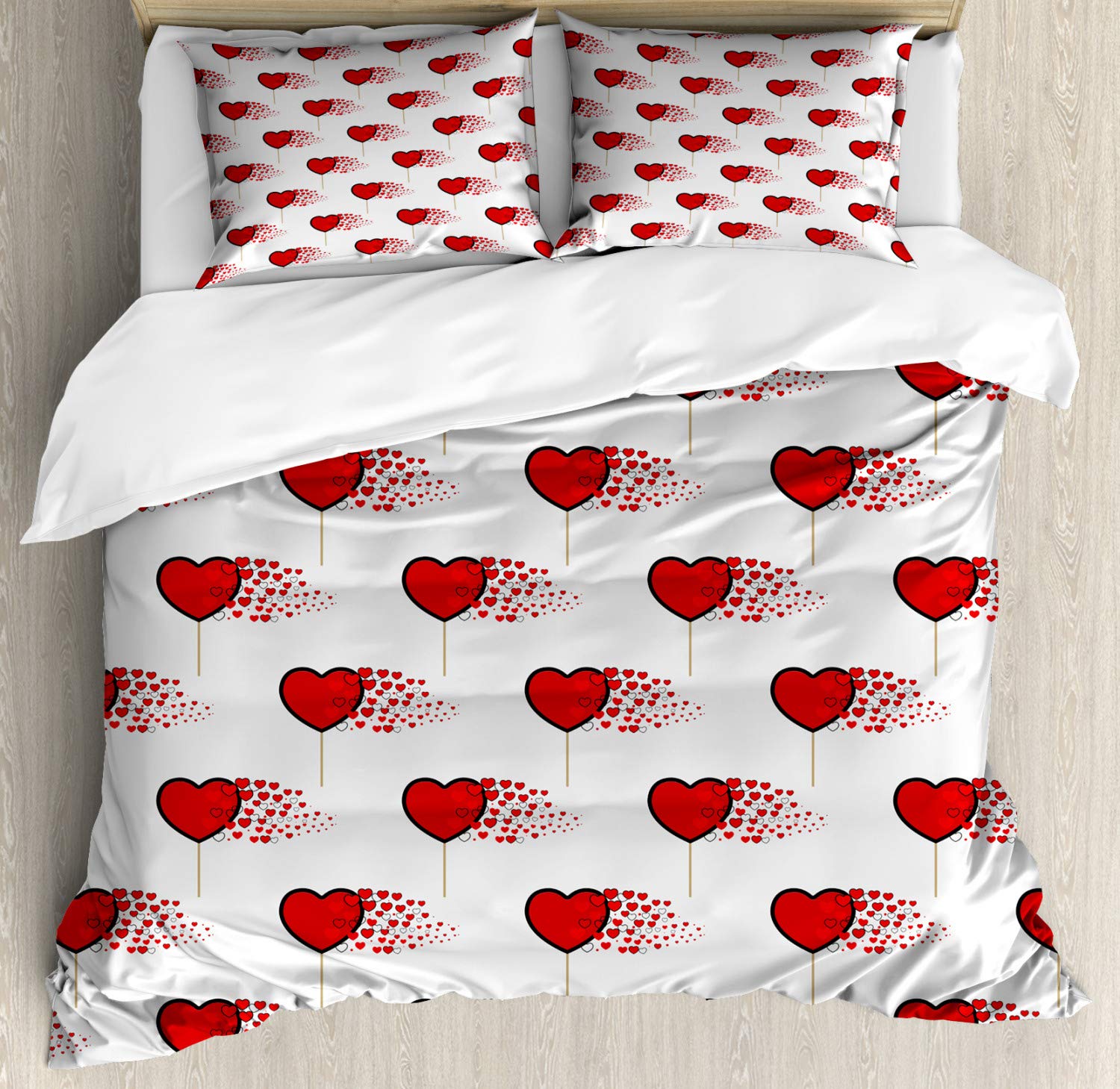 Ambesonne Valentine's Day Duvet Cover Set - Abstract Hearts & Lollipops Romantic Design, 3-Piece Queen Size Bedding Set with 2 Pillow Shams, Vermilion Pearl - Perfect for Couples Bedroom, Anniversary Gift & Romantic Decor