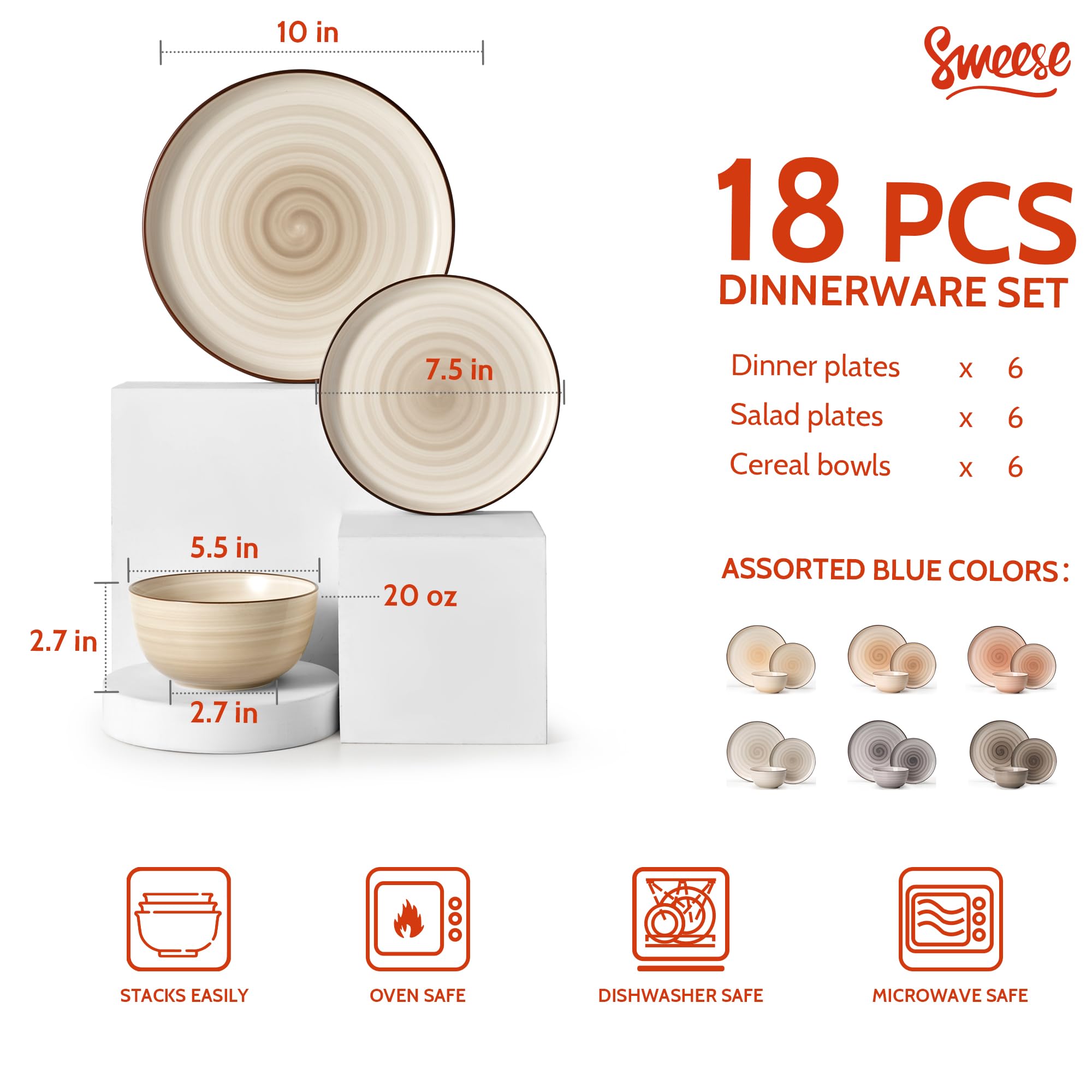 Sweese 18-Piece Porcelain Dinnerware Set - Round Plates & Bowls for 6, Microwave & Dishwasher Safe, Scratch-Resistant Hand-Painted Swirl Design | Perfect for Family Dinners, Entertaining Guests & Everyday Use