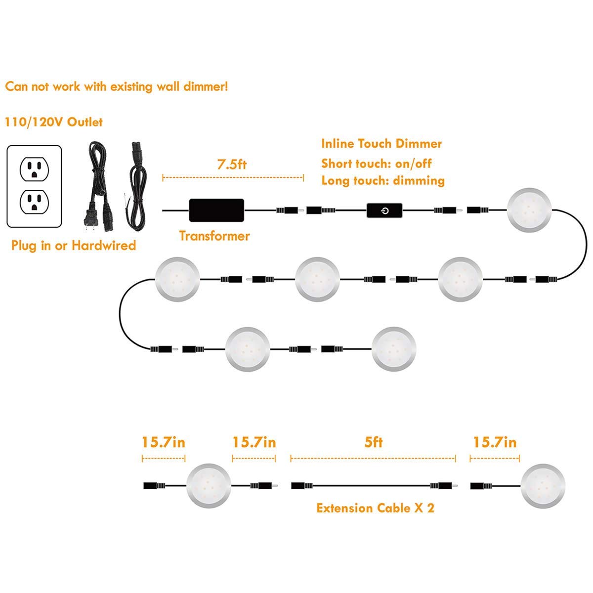 LED Under Cabinet Lighting Linkable Kit - Wireless Dimmable Puck Lights with RF Remote Control, 110V to 12V Direct Wired (12 or 6 Lights) - Warm White for Kitchen, Closet, Shelf, and Display Case Lighting