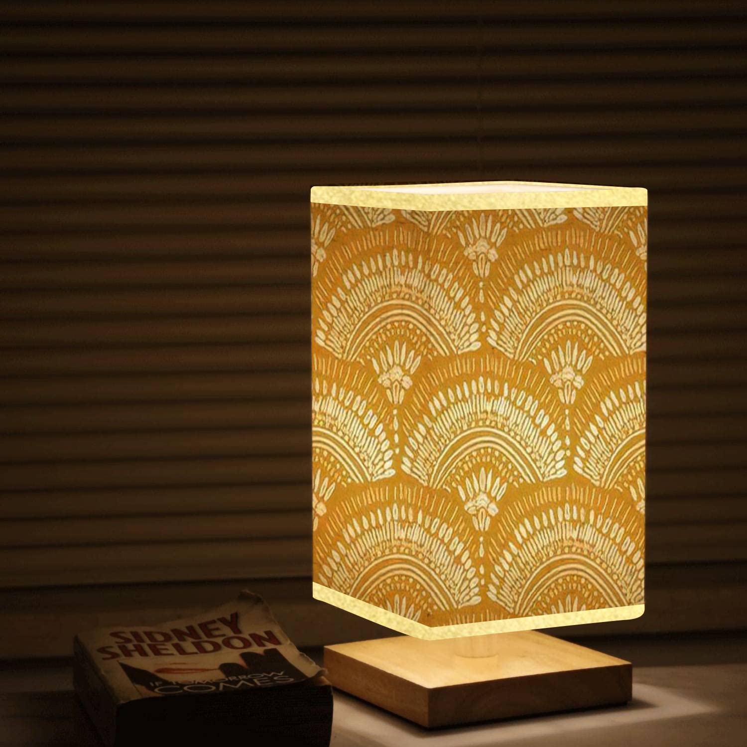 Bohemian Geometric Nightstand Lamp with Mustard Wooden Base & Flaxen Fabric Shade - Dimmable Bedside Table Lamp for Bedroom, Living Room | Perfect for Reading, Relaxing & Creating Cozy Ambiance