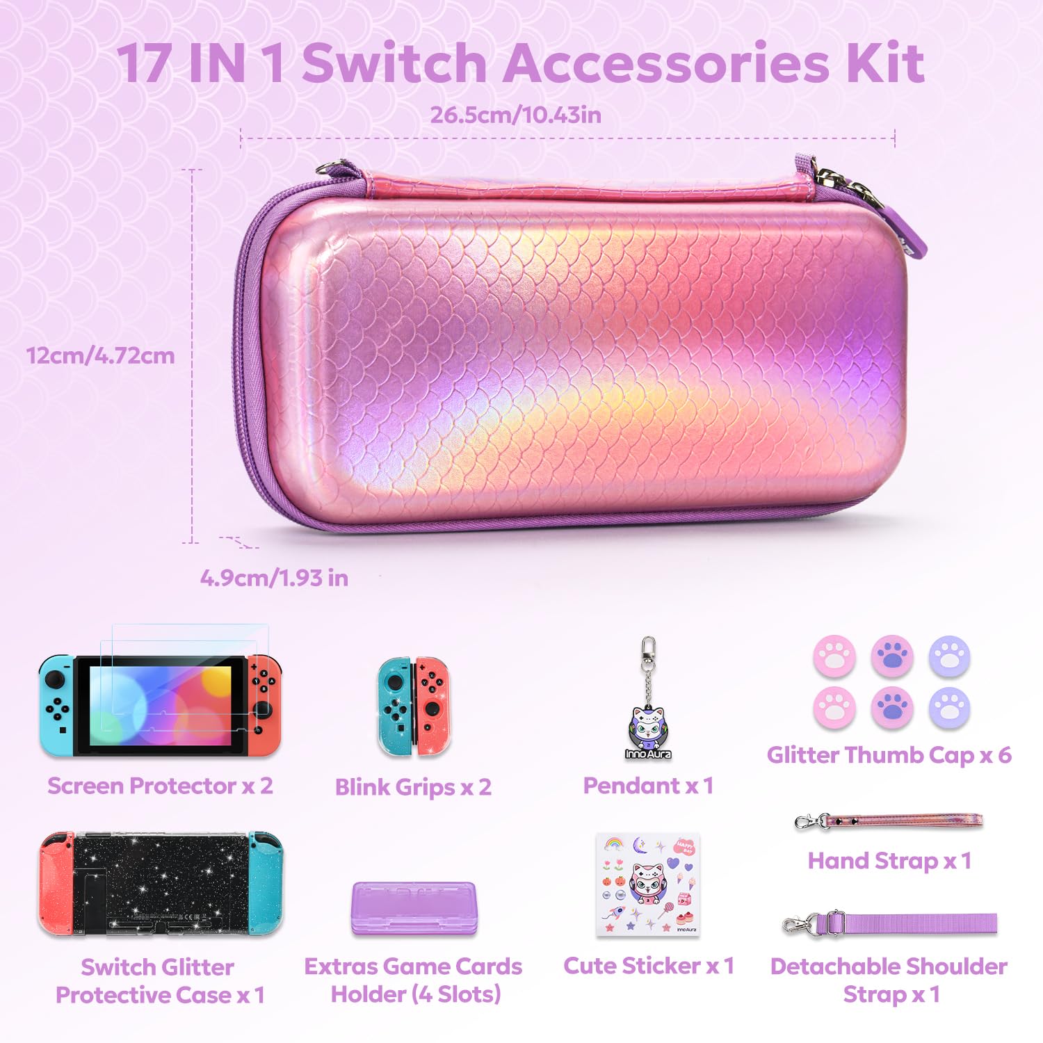 InnoAura 17-in-1 Nintendo Switch Accessories Bundle - Switch Carrying Case, Game Case, Protective Cover, Screen Protector & Thumb Grips (Mermaid Pink) | Perfect for Travel, Gaming On-The-Go & Switch Protection