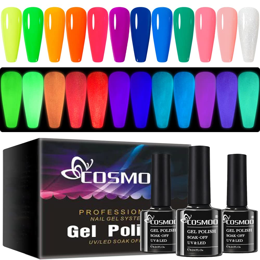 12PCS Glow in The Dark Gel Nail Polish Set - Neon Luminous Nail Art Kit with Hot Pink, Yellow, Purple & Blue Fluorescent Colors | Long-Lasting UV Gel Polish for Halloween Parties, Raves & Night Events