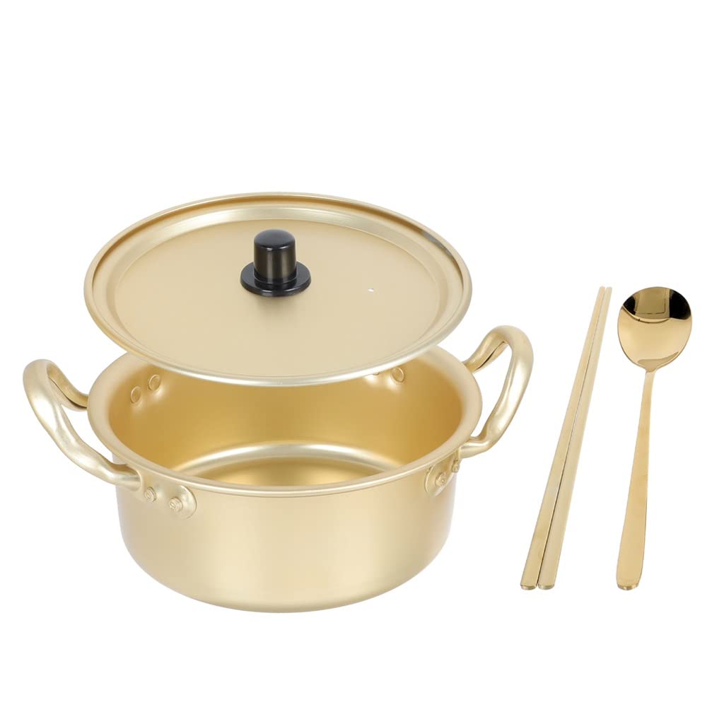 1 Set Binaural Aluminum Noodles Pot - Heat-Resistant Ramen Pan for Kitchen, Korean Soup Pot, Instant Noodles Cookware, Small Hotpot (Brass Color, 1pc) - Perfect for Dorm Cooking, Camping Meals & Quick Noodle Dishes