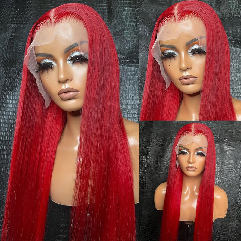Eullair Nicki Minaj Inspired Red Straight/Body/Deep Wave Human Hair Lace Frontal Wig for Women with Pre-Plucked Hairline - Perfect for Cosplay, Parties & Daily Wear
