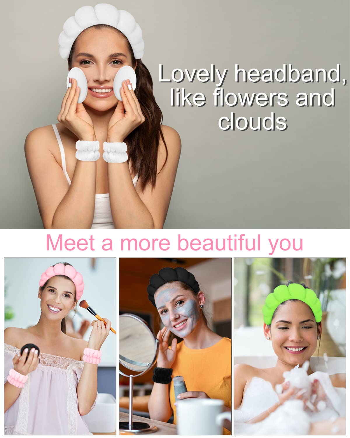 PGRODE 4 Pack Soft Spa Headbands for Women - Black Makeup & Skincare Headband Set with 2 Reusable Makeup Remover Cloths - Perfect for Washing Face, Beauty Routine & Spa Days at Home