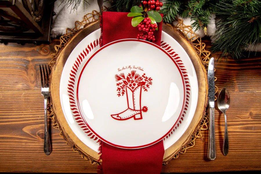 Santa's Longhorn Sleigh Plate Set - 4-Piece Christmas Dinnerware for Holiday Entertaining | Rustic Western Style Ceramic Plates for Christmas Parties, Family Gatherings & Festive Decor