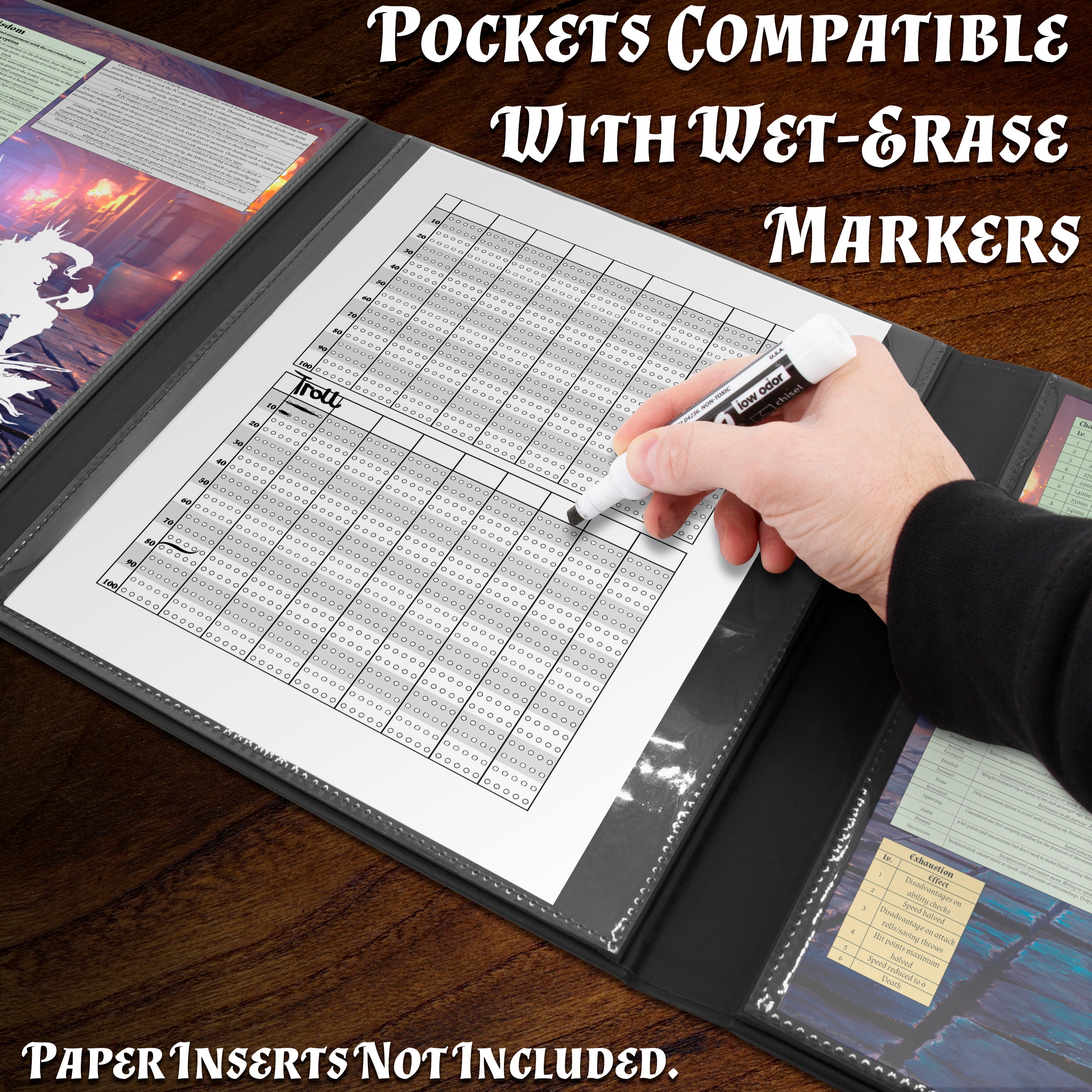 Faux Leather 4-Panel DM Screen with Wet Erase Pockets - Embossed Folding Game Master Screen for Dungeons & Dragons RPG - Black/Brown (Inserts Not Included) - Perfect for Tabletop Gaming Sessions & RPG Campaigns