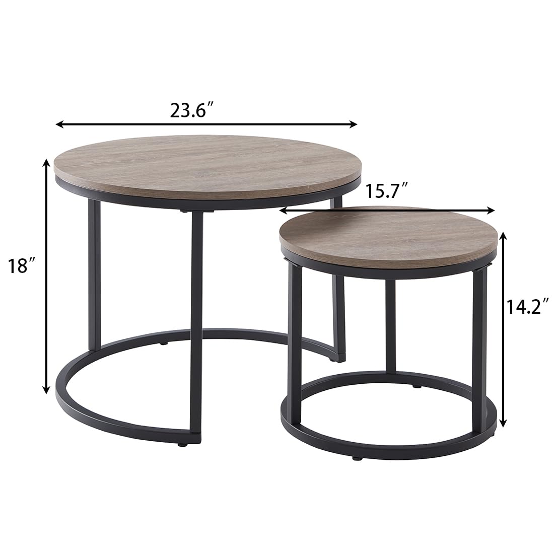 CENSI 23.6-Inch Grey Oak Round Nesting Coffee Table Set - Modern Industrial Wood & Metal Side Tables for Living Room, Lounge, Office - Space-Saving Home Decor (Grey Wash Finish)