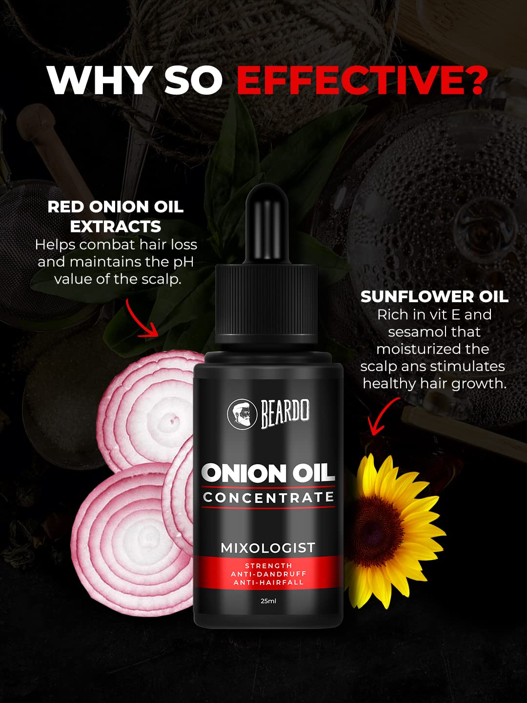 Beardo Onion Oil Concentrate for Hair Growth - 25ml | Red Onion & Sunflower Oil Blend | Natural, Non-Sticky Hair Treatment | Reduces Hair Fall & Strengthens Roots | Perfect for Daily Scalp Massage & Overnight Hair Care