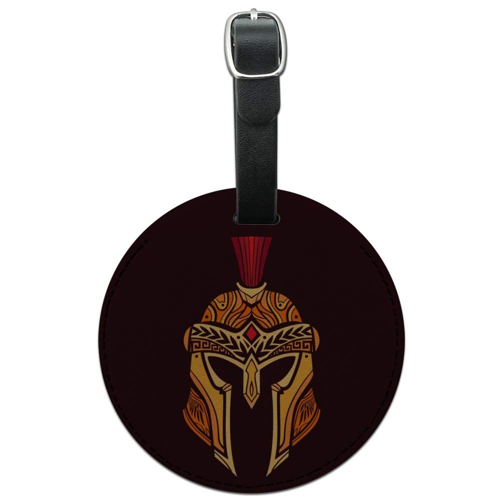Trojan Greek Spartan Warrior Helmet Leather Luggage Tag - Vintage Style Round ID Card Holder for Travel Bags, Suitcases & Backpacks - Perfect for Cosplay, Historical Reenactments & Gift Giving