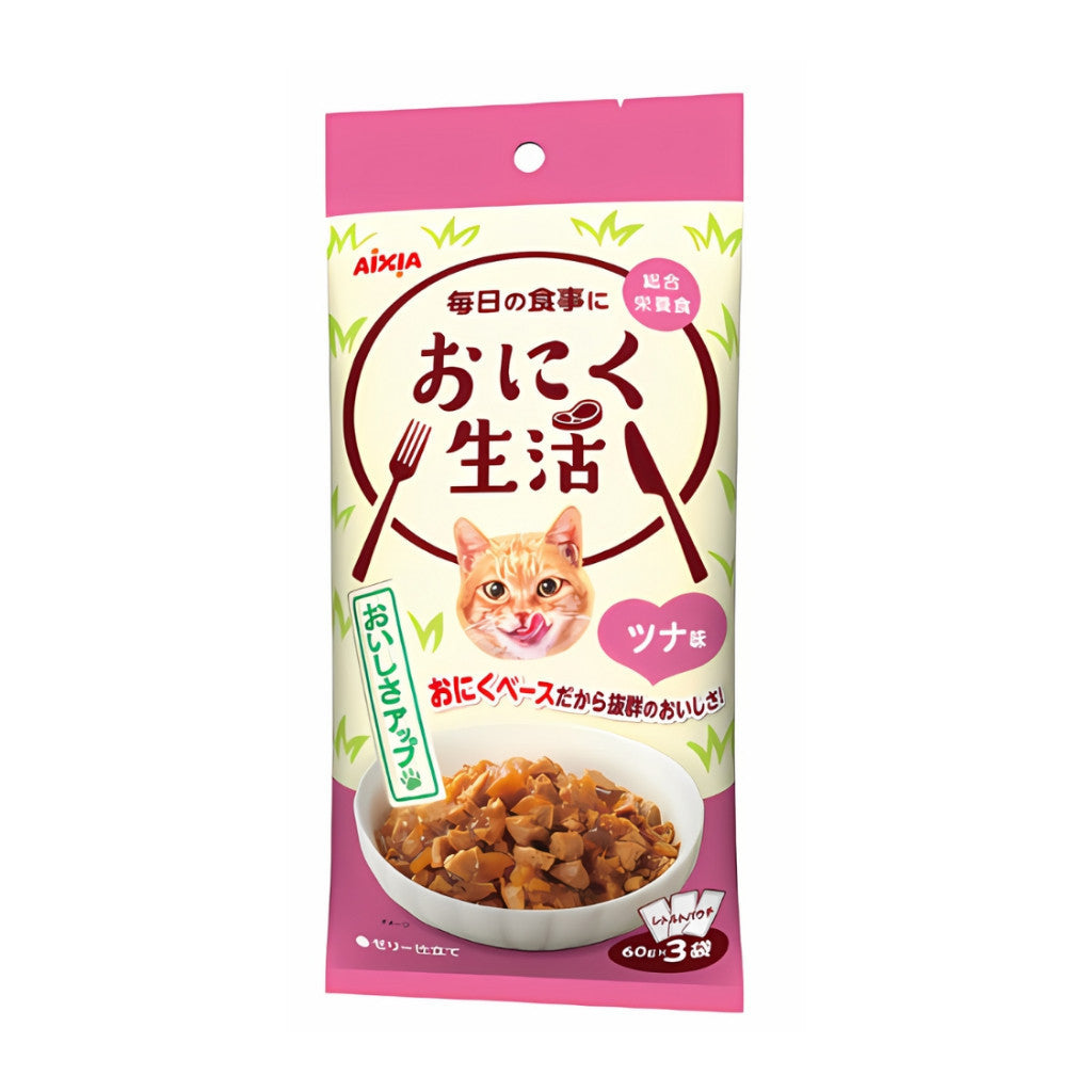 Premium Aixia Fish & Meat Life Wet Cat Food - 60g x 3 Packs Skipjack Tuna White Meat with Jelly, Chicken & Beef Formula - High Protein Cat Food for Adult & Senior Cats - Perfect for Mealtime, Travel & Special Treats