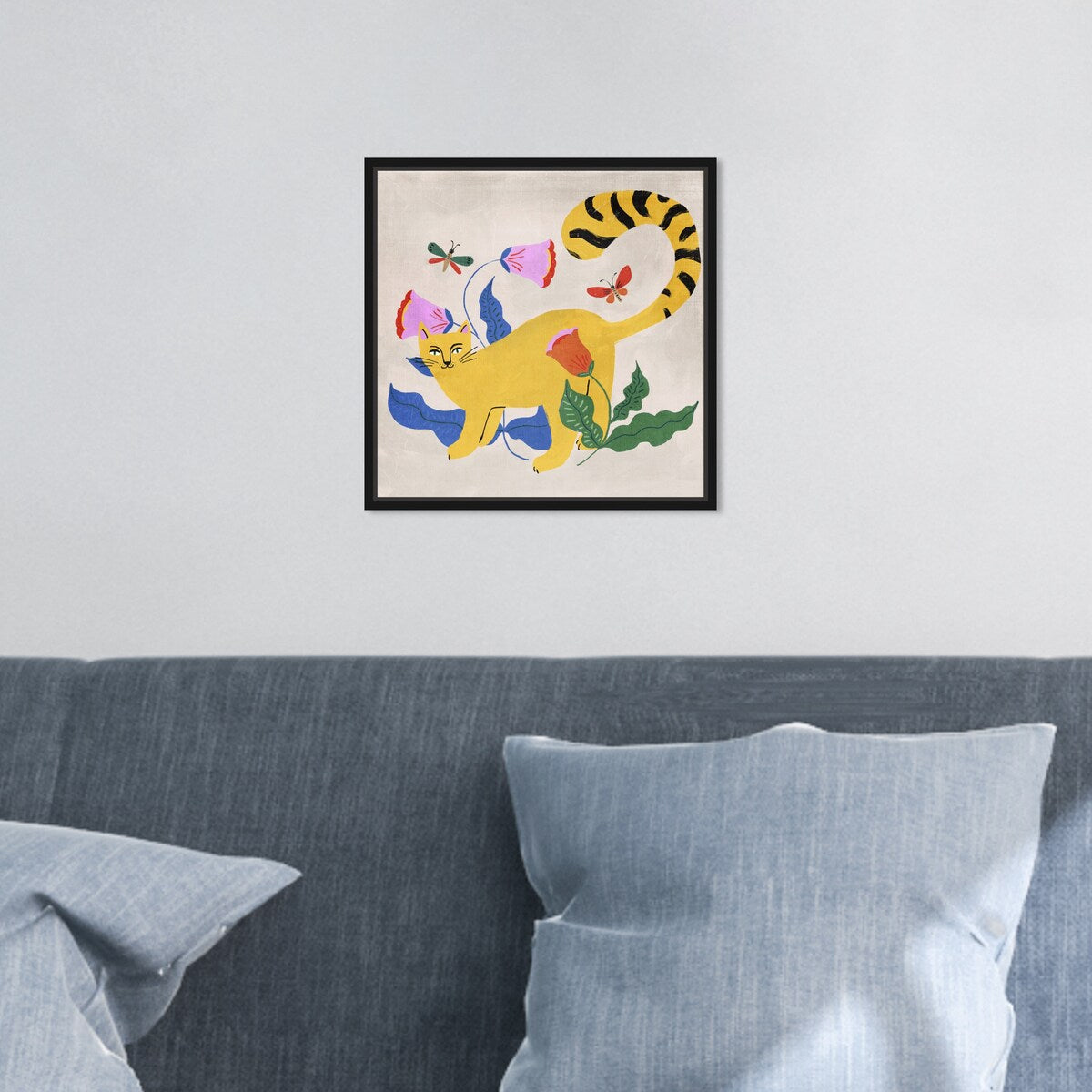 Blonde Tabby Floral Kitten Butterfly Garden Modern Yellow Framed Canvas Wall Art Print - Home Decor for Bedroom, Living Room & Nursery