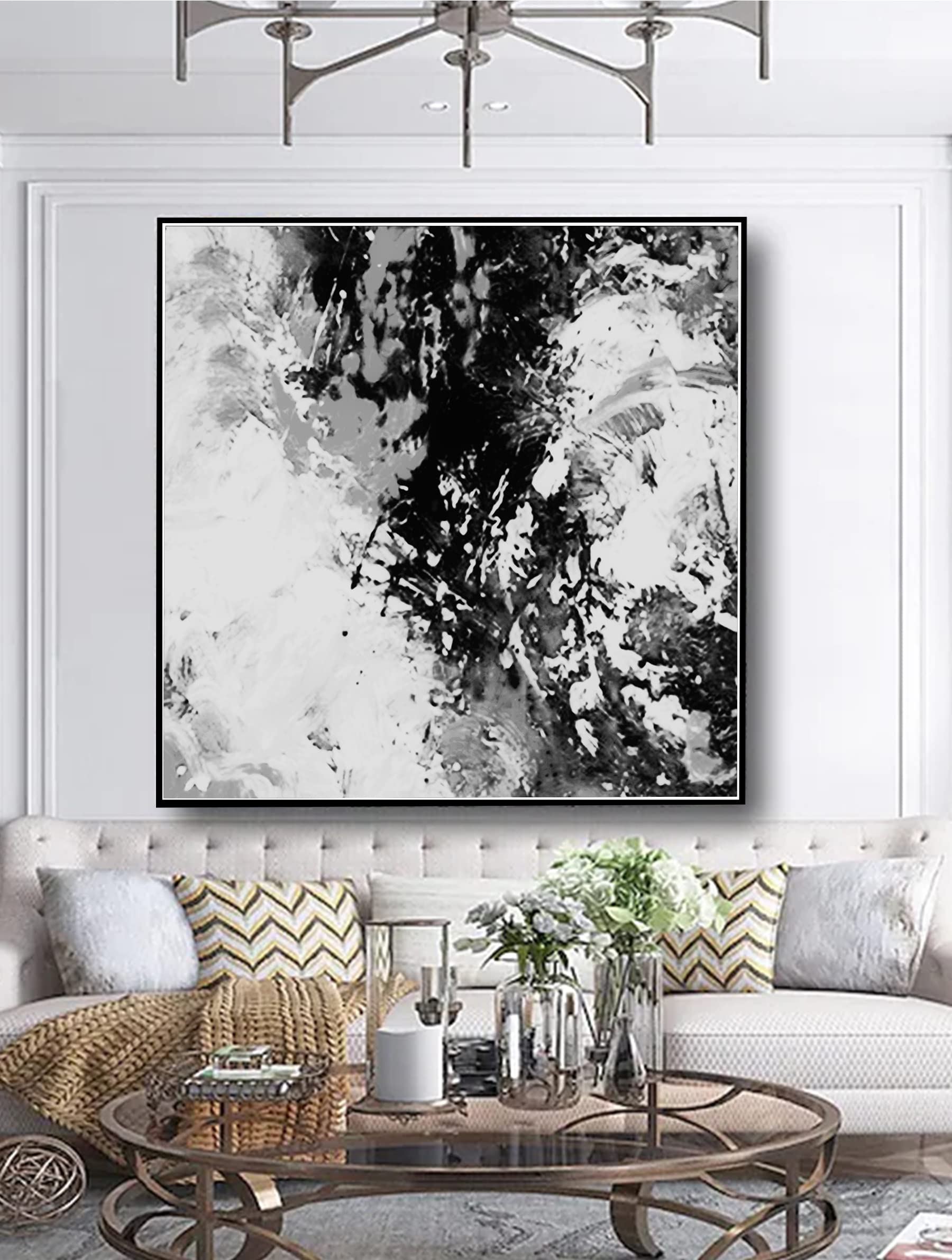 Modern Abstract Canvas Wall Art - Black White Gray Original Painting 50x50 Inches - Large Contemporary Home Decor for Living Room, Bedroom & Office