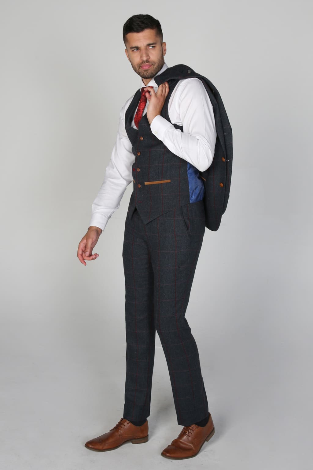 Madrid Navy Tweed Check Three Piece Suit for Men | Classic Business Formal Attire | Perfect for Weddings, Office Meetings & Special Occasions