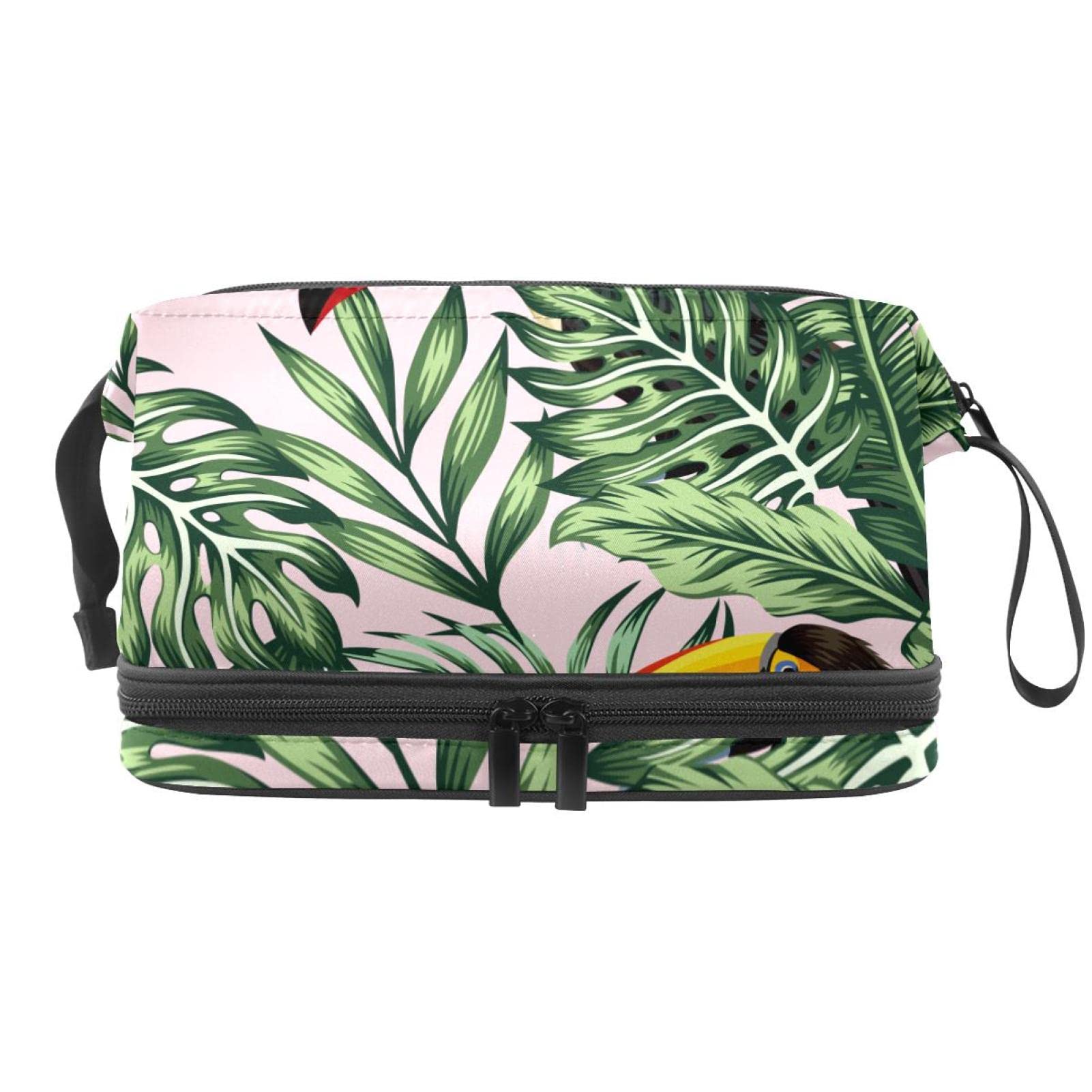Jungle Toucan Makeup Bag for Women - Double Layer Roomy Cosmetic Organizer | Travel Toiletry Pouch with Zipper | Perfect for Travel, Gym, and Daily Essentials Storage