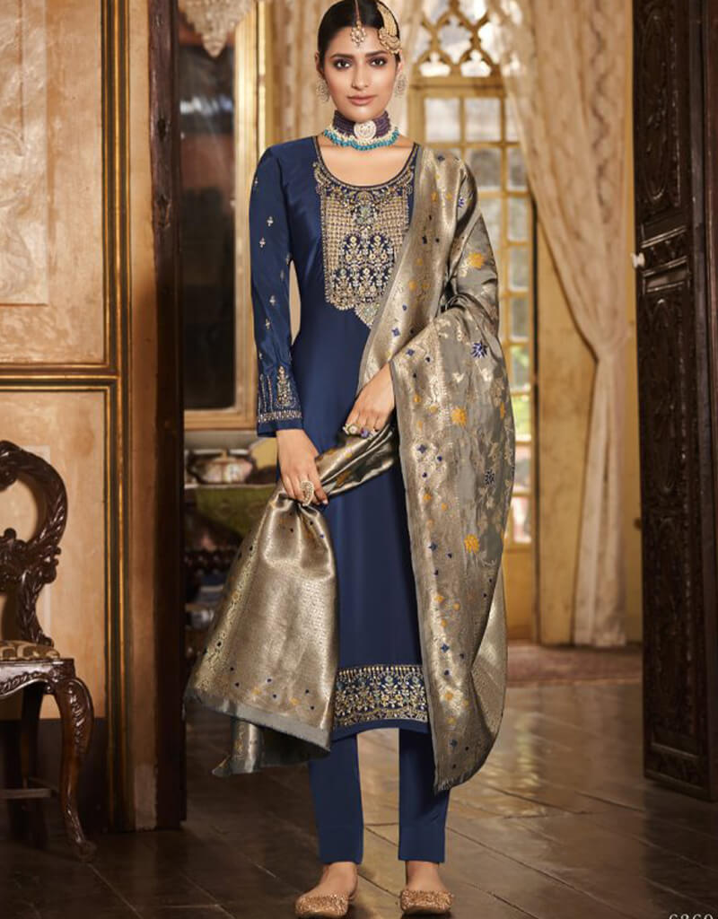 Blue Chudidar Style Suit - Premium Crepe Silk Indian Ethnic Wear for Women | Perfect for Weddings, Festivals & Special Occasions