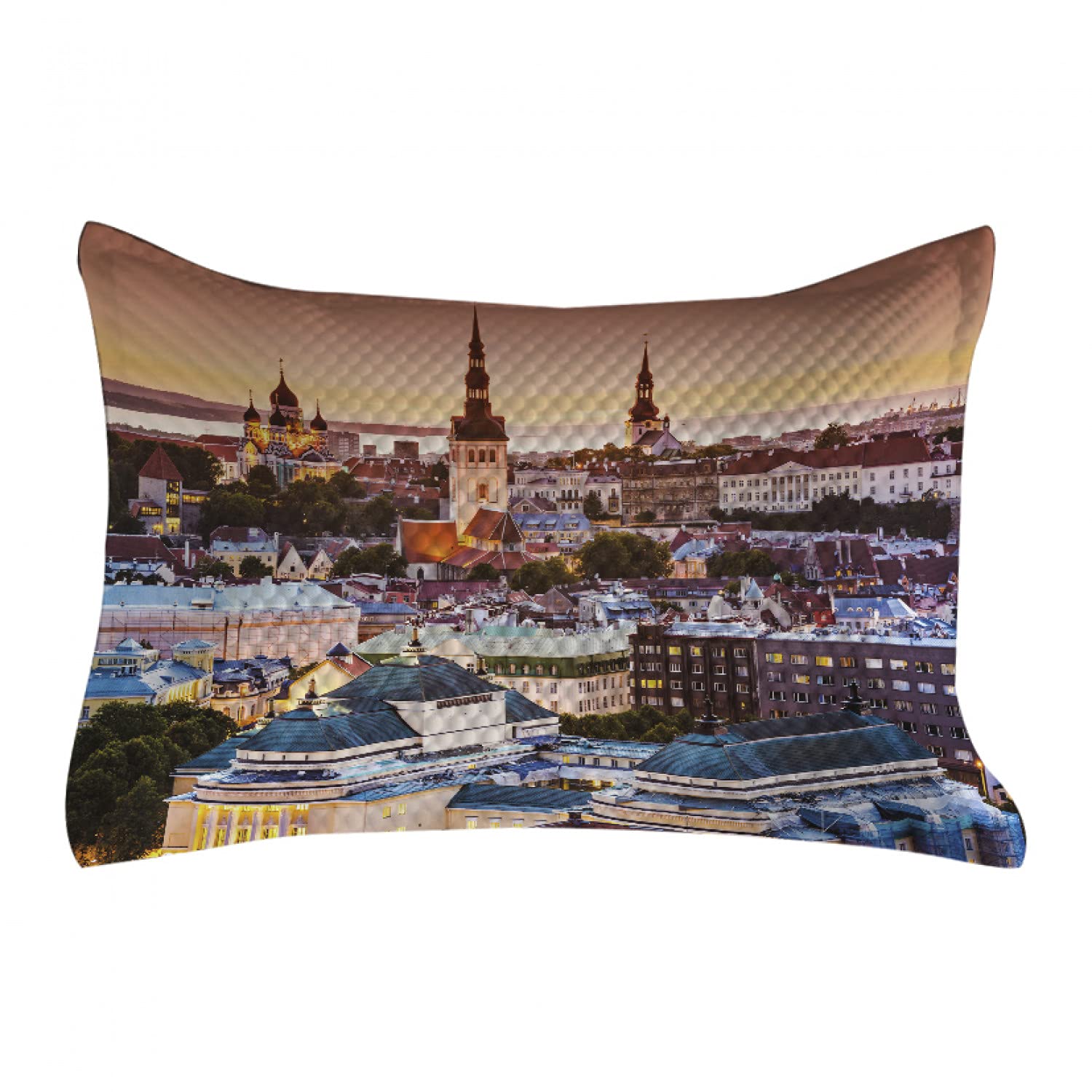 Ambesonne Quilted Travel Pillow Cover - Tallinn Estonia Old City Aerial View Dusk Sunset Scenery, Standard Queen Size 30x20 Inch Decorative Pillow Case for Bedroom Sofa Living Room, Multicolor Travel Home Decor Gift