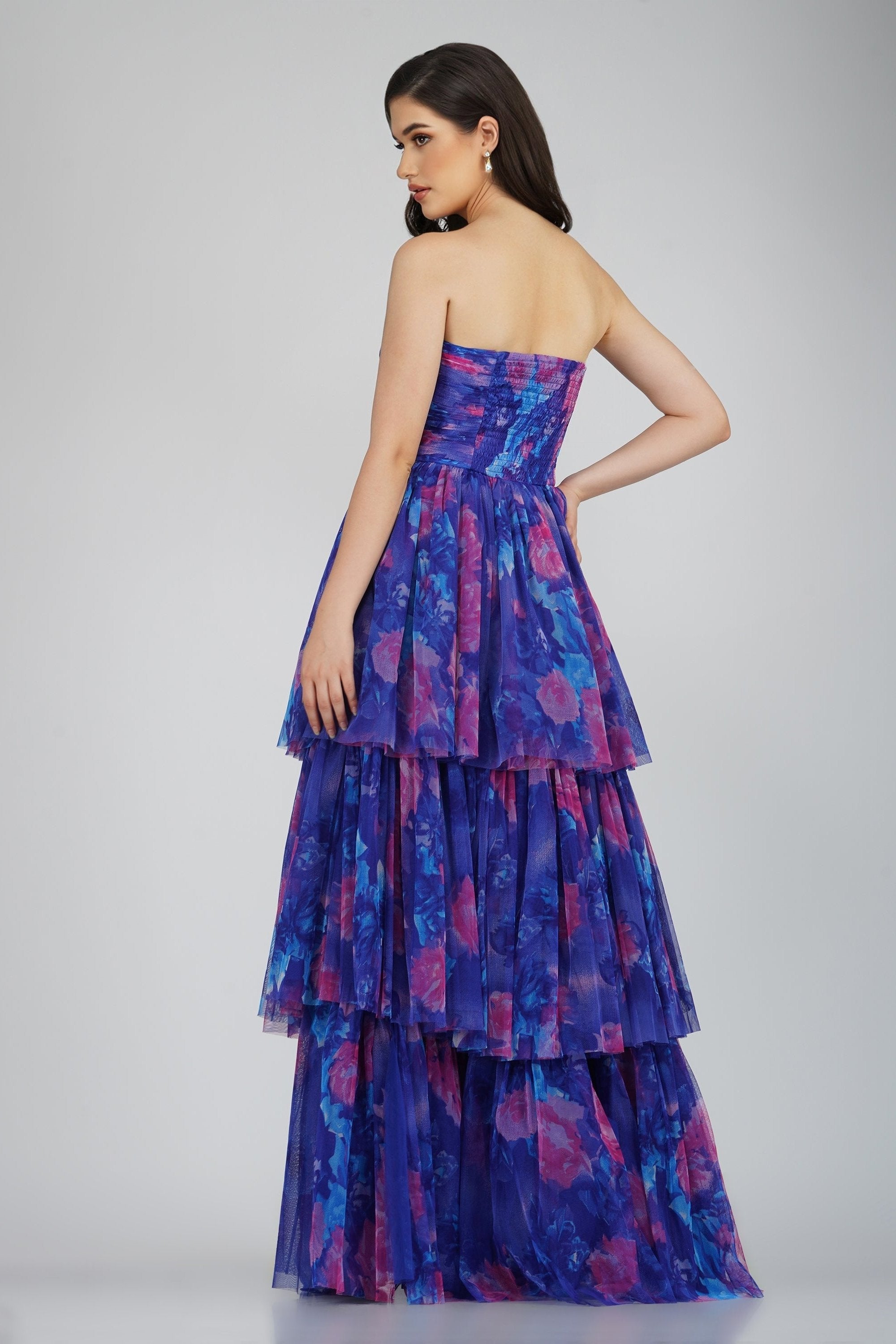 Shiloh High Low Tulle Dress - Blue Floral Print Formal Gown for Prom, Wedding & Special Occasions