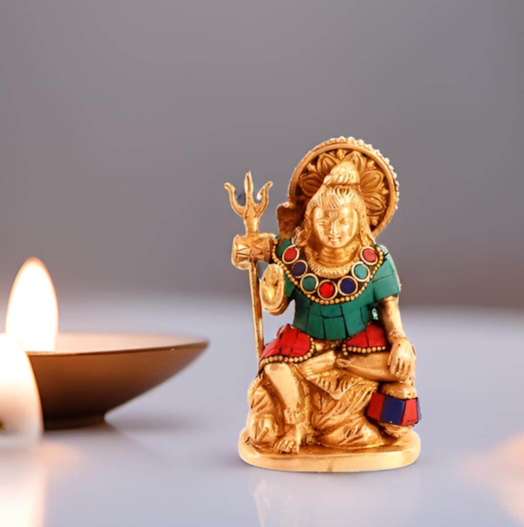 Handcrafted Brass Lord Shiva Mahadev Statue with Trishul & Gemstones - Hindu God Idol for Home Temple, Office Desk, or Puja Shelf - Perfect Spiritual Gift for Meditation & Worship (11091)