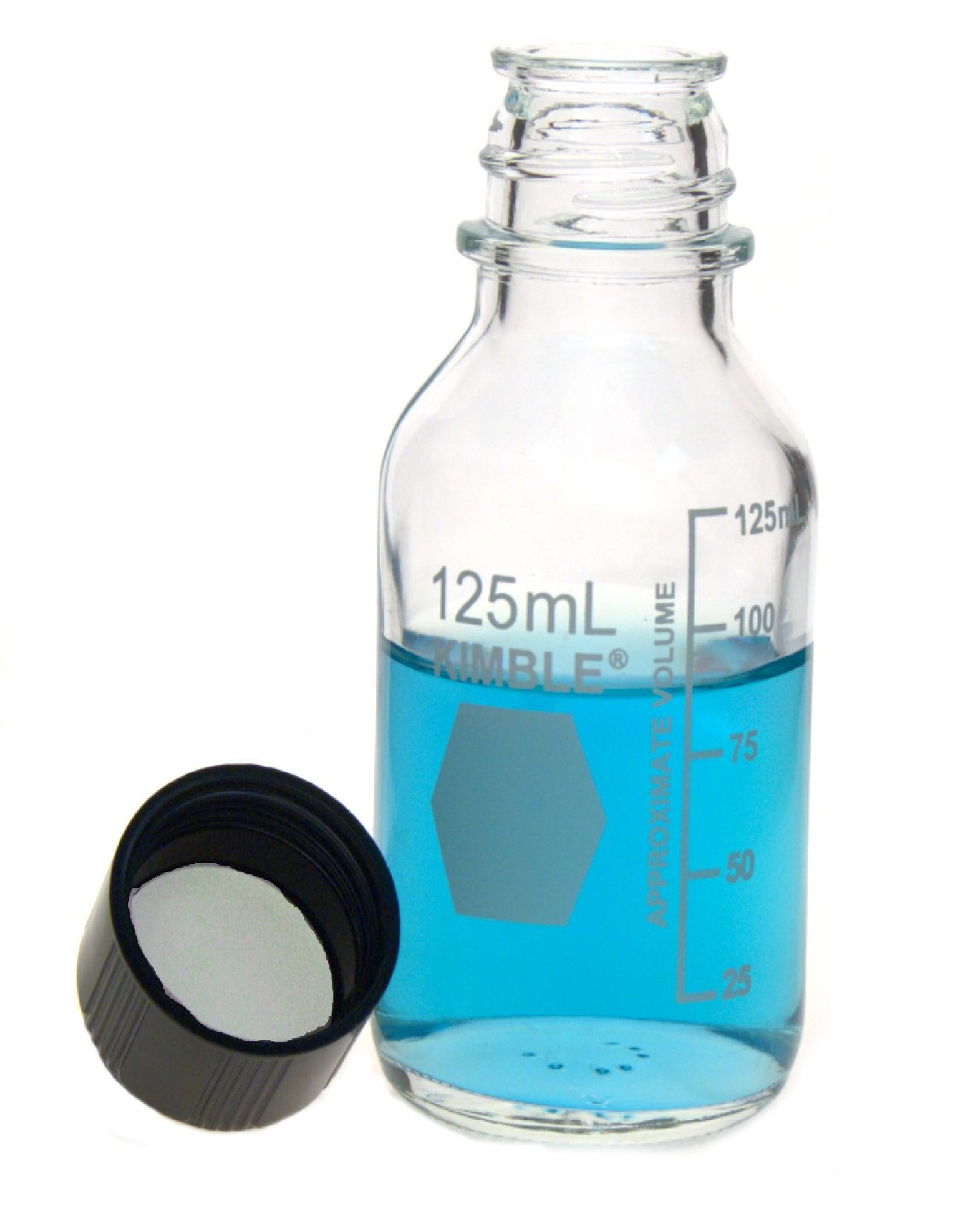Kimble 61110R-125 USP Type I Glass Screw Thread Storage Bottles with Rubber-Lined Phenolic Closure, 125mL (Pack of 48) - Ideal for Laboratory Media Storage, Chemical Solutions & Pharmaceutical Use