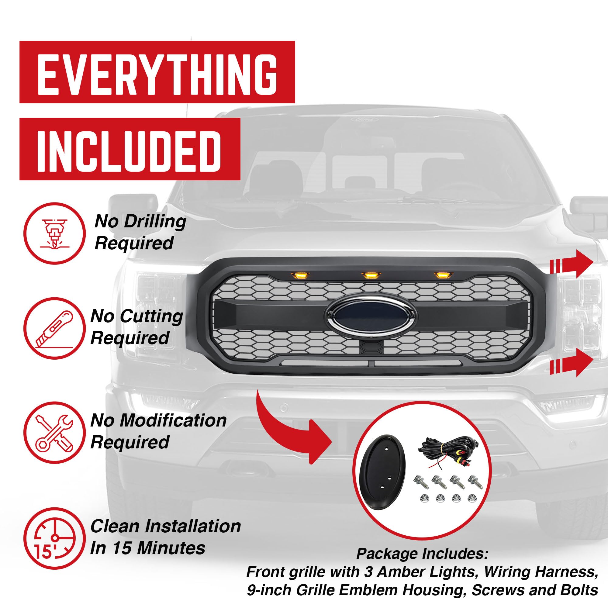 Raptor Style Mesh Grill with Amber LED Lights & Emblem Base for 2021-2023 Ford F150 | Matte Black Front Bumper Grille | Off-Road & Street Customization Upgrade