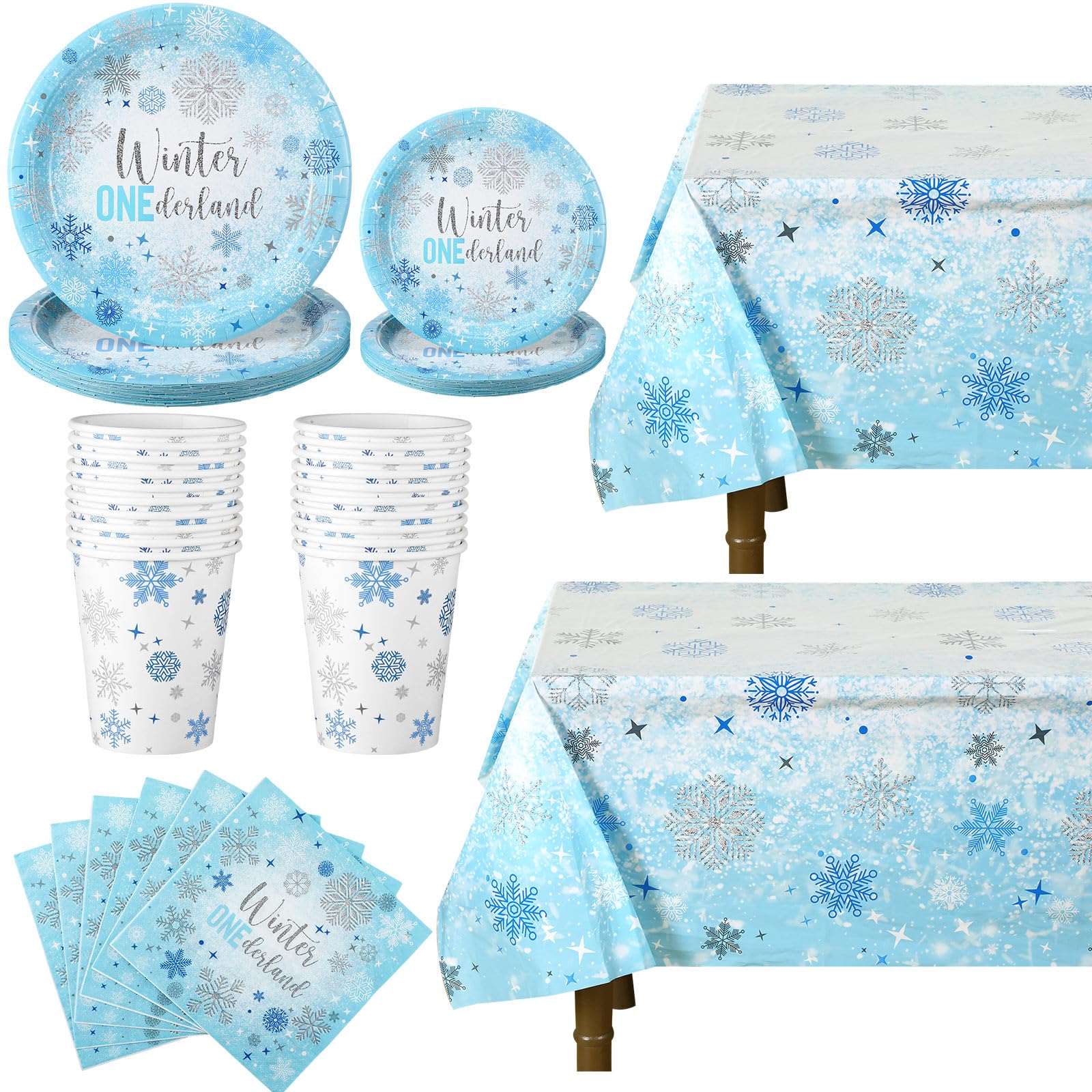 Domensi Winter Onederland First Birthday Party Decorations Set - 82pcs Snowflake Themed Tableware Kit with Tablecloths, Paper Plates, Napkins & Cups for Girls & Boys 1st Birthday (Blue) - Perfect for 20 Guests Winter Wonderland Celebrations