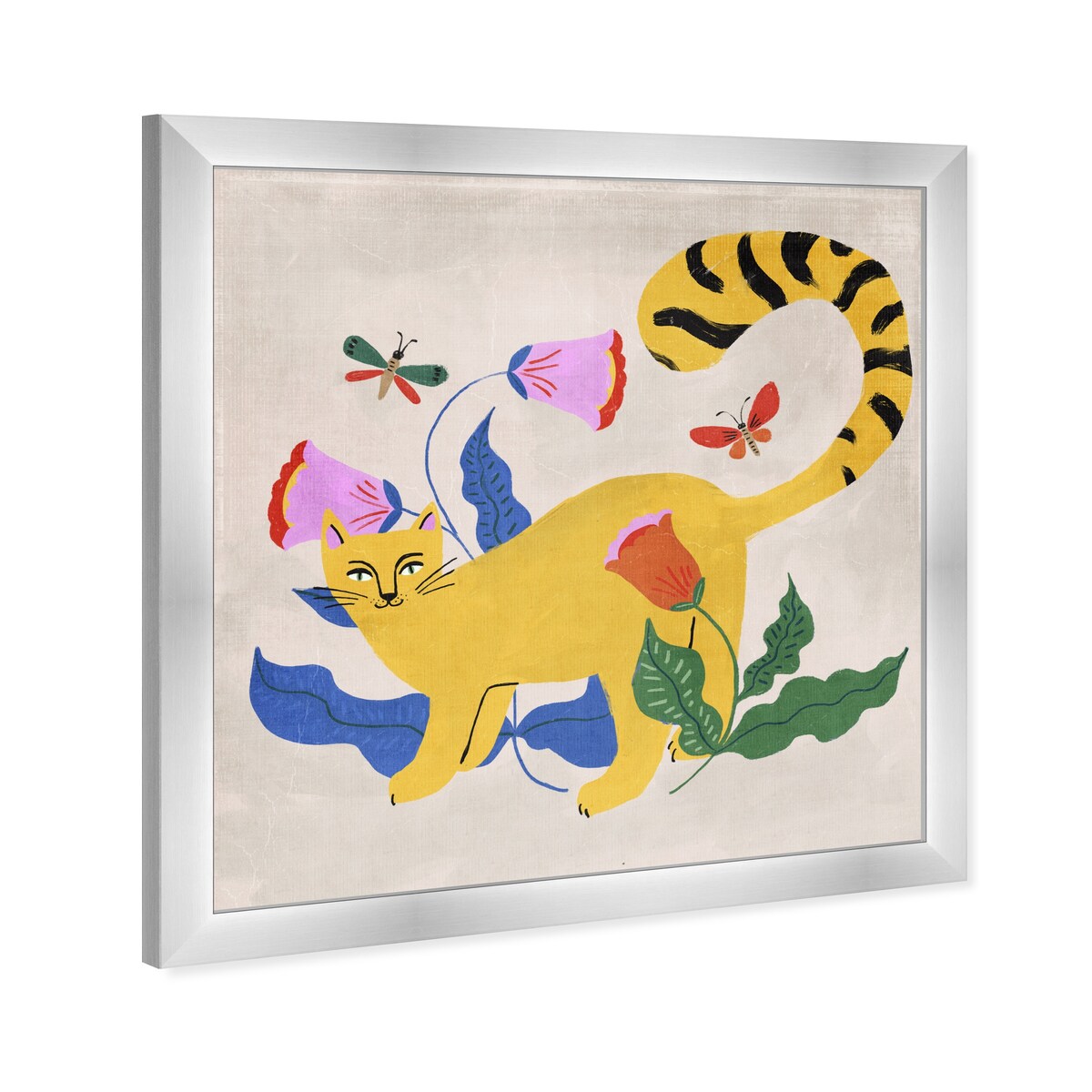 Blonde Tabby Floral Kitten Butterfly Garden Modern Yellow Framed Wall Art Print - Cute Cat Painting for Bedroom, Living Room & Nursery Decor
