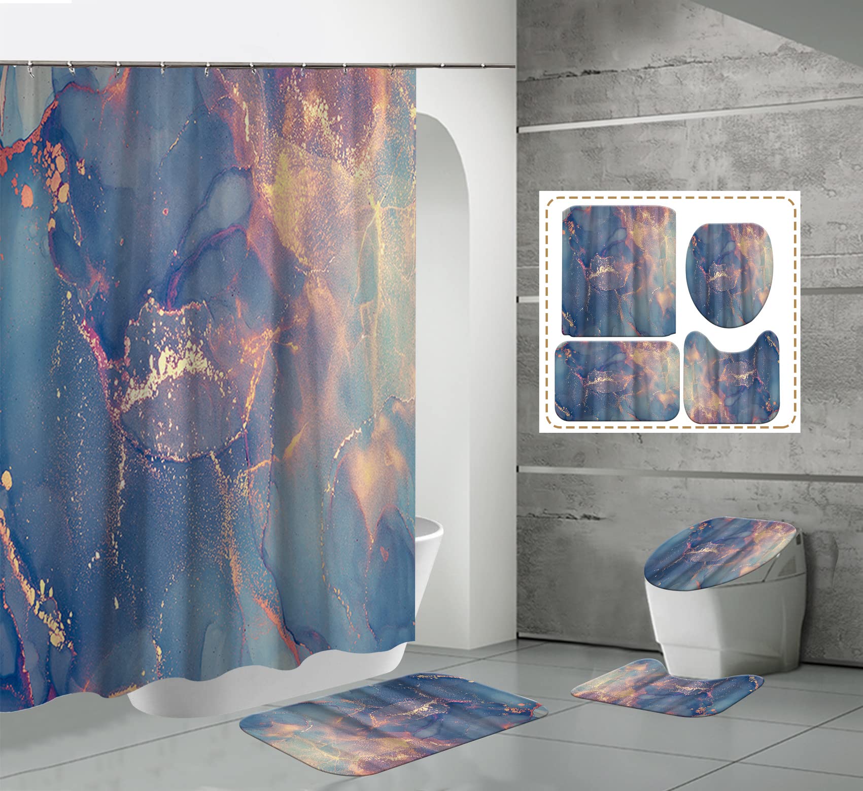 CiFan Blue Marble Bathroom Set - Shower Curtain with 12 Hooks, Non-Slip Bath Mat, Toilet Lid Cover & Rugs | Waterproof Luxury Bath Accessories for Modern Bathroom Decor (Blue Marble Pattern)