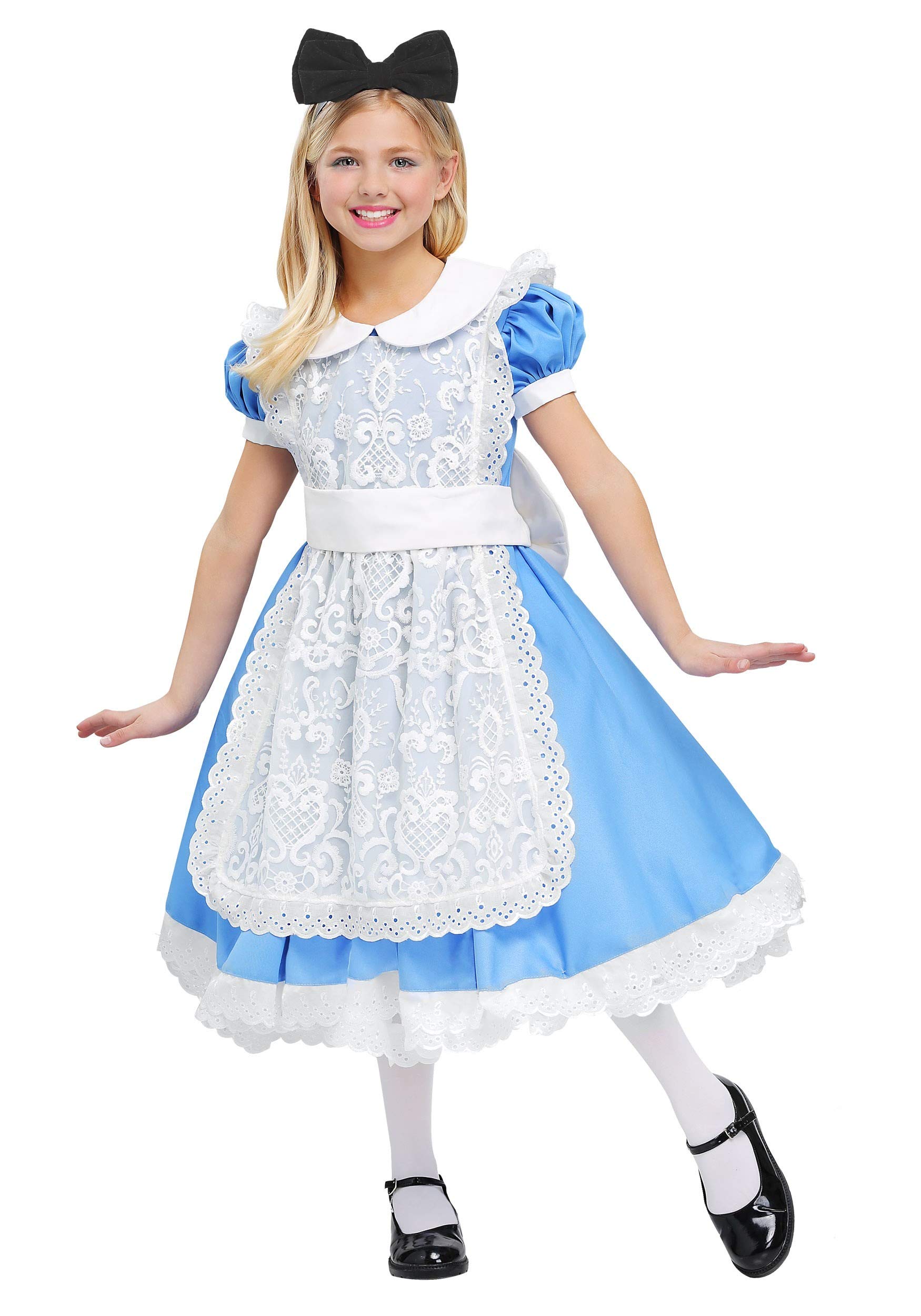 Alice in Wonderland Girls Costume - Classic Fairytale Blue Dress with Lace Apron & Bow Headband | Halloween Dress Up, Cosplay, Book Character Party Outfit