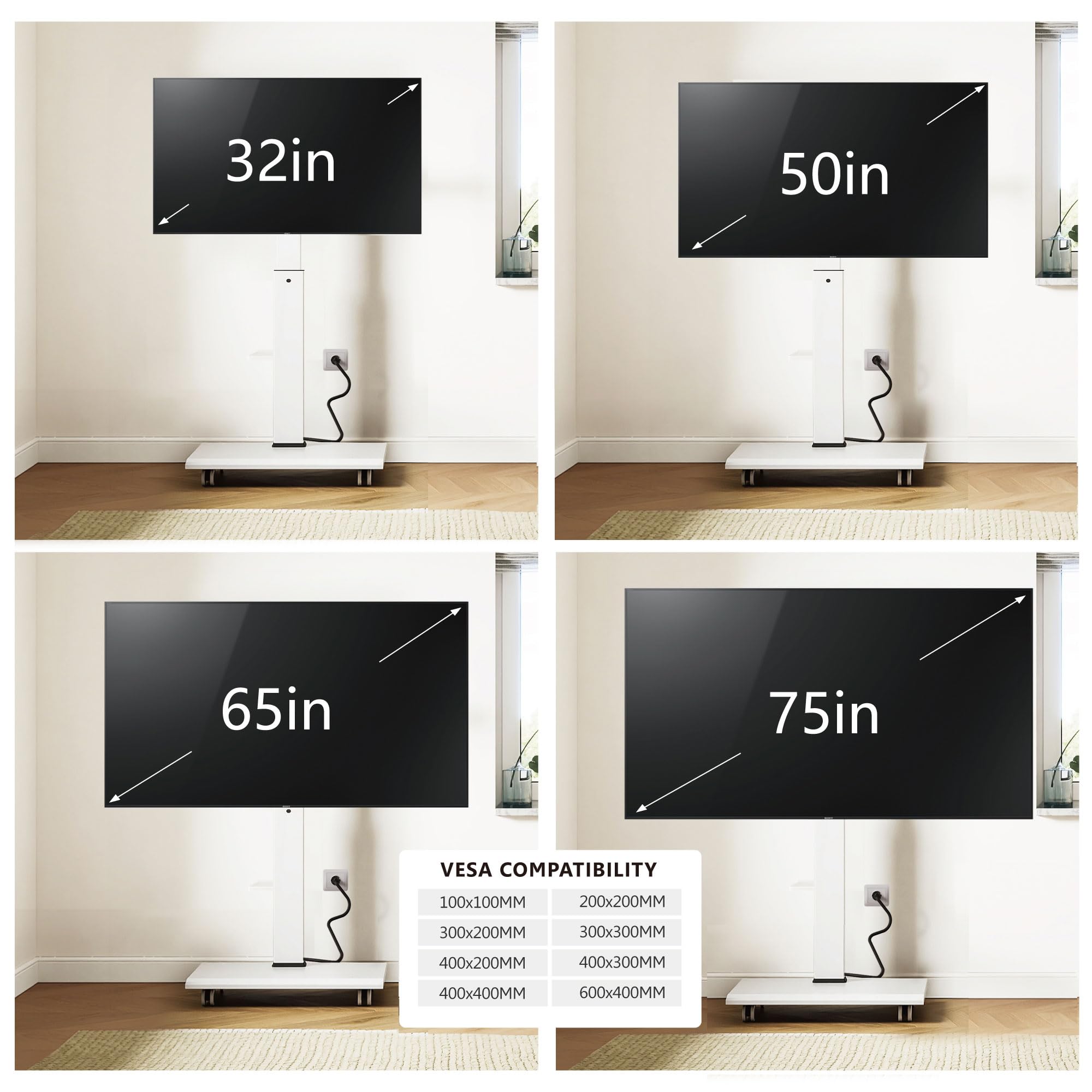 FITUEYES Rolling TV Stand with Built-in Power Outlet - Adjustable Mobile TV Cart for 32-75 Inch Screens (Max VESA 400x600mm, 88 Lbs Capacity) - Swivel ±20°, Rotate Landscape to Portrait, Height Adjustable - Perfect for Living Rooms, Bedrooms, Offices & Home Theaters