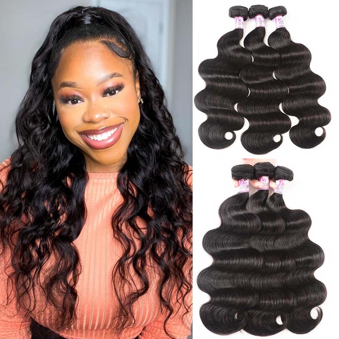 Brazilian Virgin Body Wave Human Hair Weft Extensions - 3 Bundles 12/14/16 Inch 10A Unprocessed Remy Hair for Weaving & Styling | Natural Black Color (100g±5g per Bundle) | Perfect for Daily Wear, Parties & Special Occasions