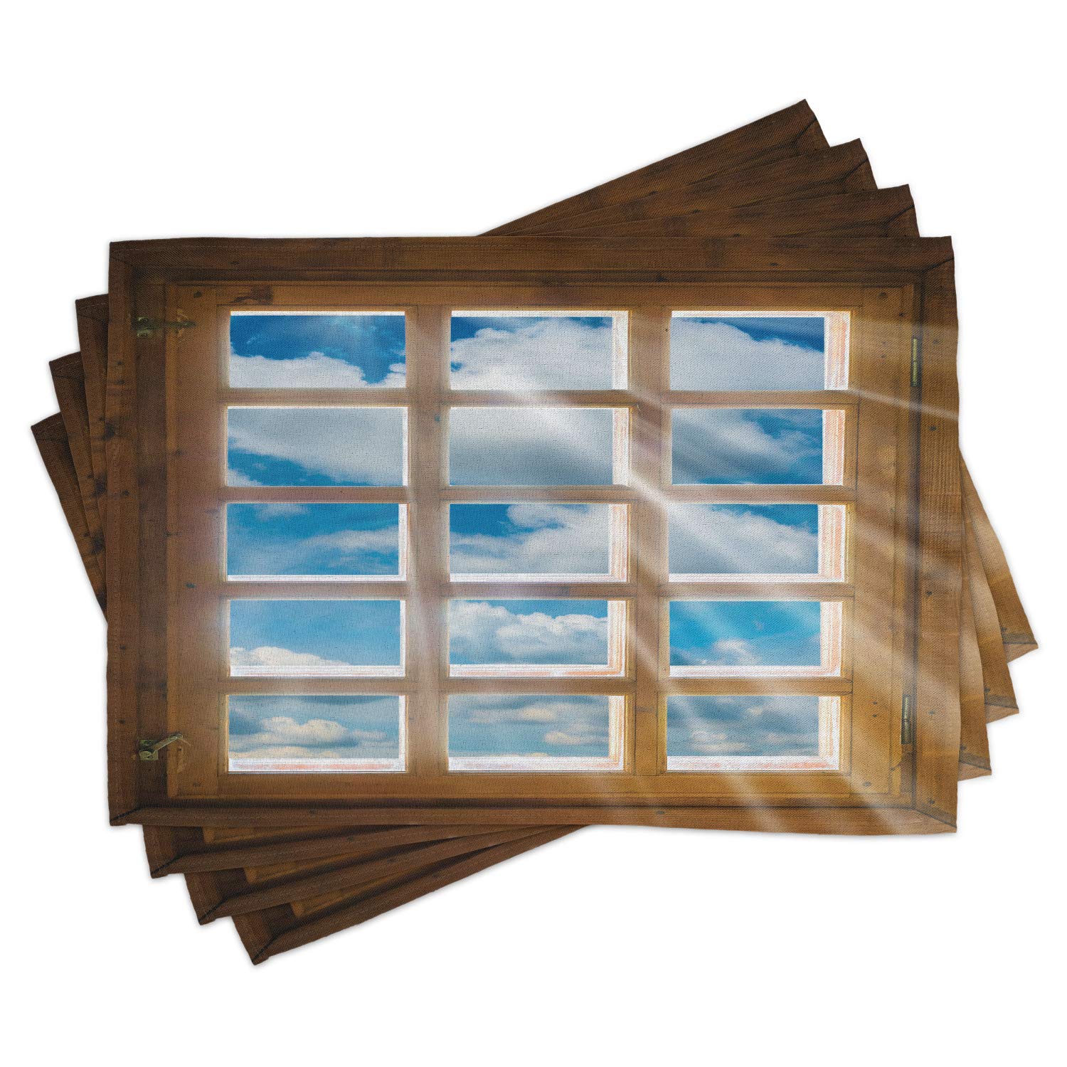 Ambesonne Rustic Place Mats Set of 4 - Wooden Window with Sun Scenic Sky & Cloudscape Print - Washable Fabric Placemats for Dining Room & Kitchen Table Decor in Pale Brown Blue White - Perfect for Farmhouse, Cottage & Boho Home Decor