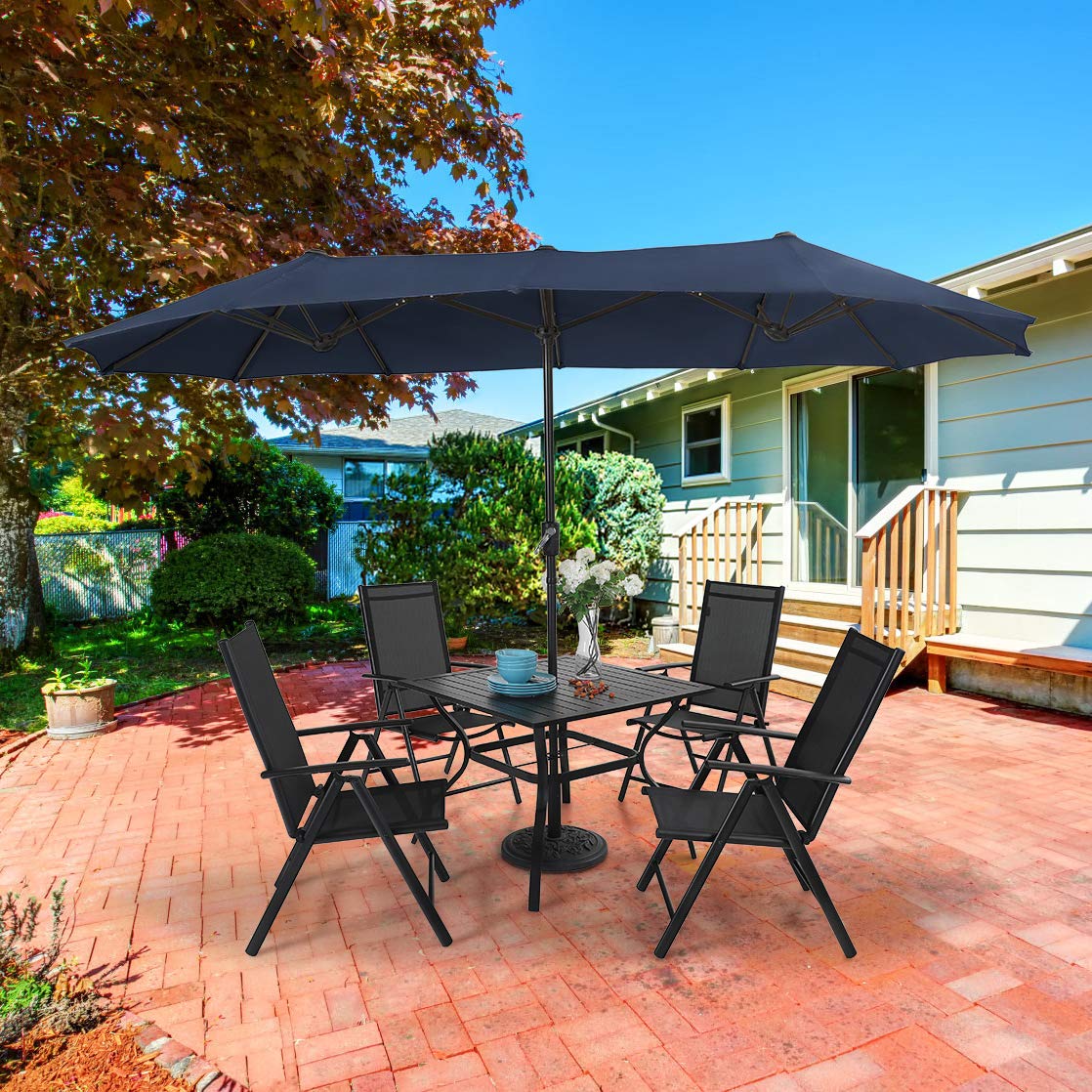 PHI VILLA 4-Piece Outdoor Patio Dining Set with Large Navy Blue Umbrella - Weather-Resistant Folding Chairs & Table for Backyard, Garden, Poolside or Deck - Perfect for BBQs, Family Gatherings & Outdoor Entertaining