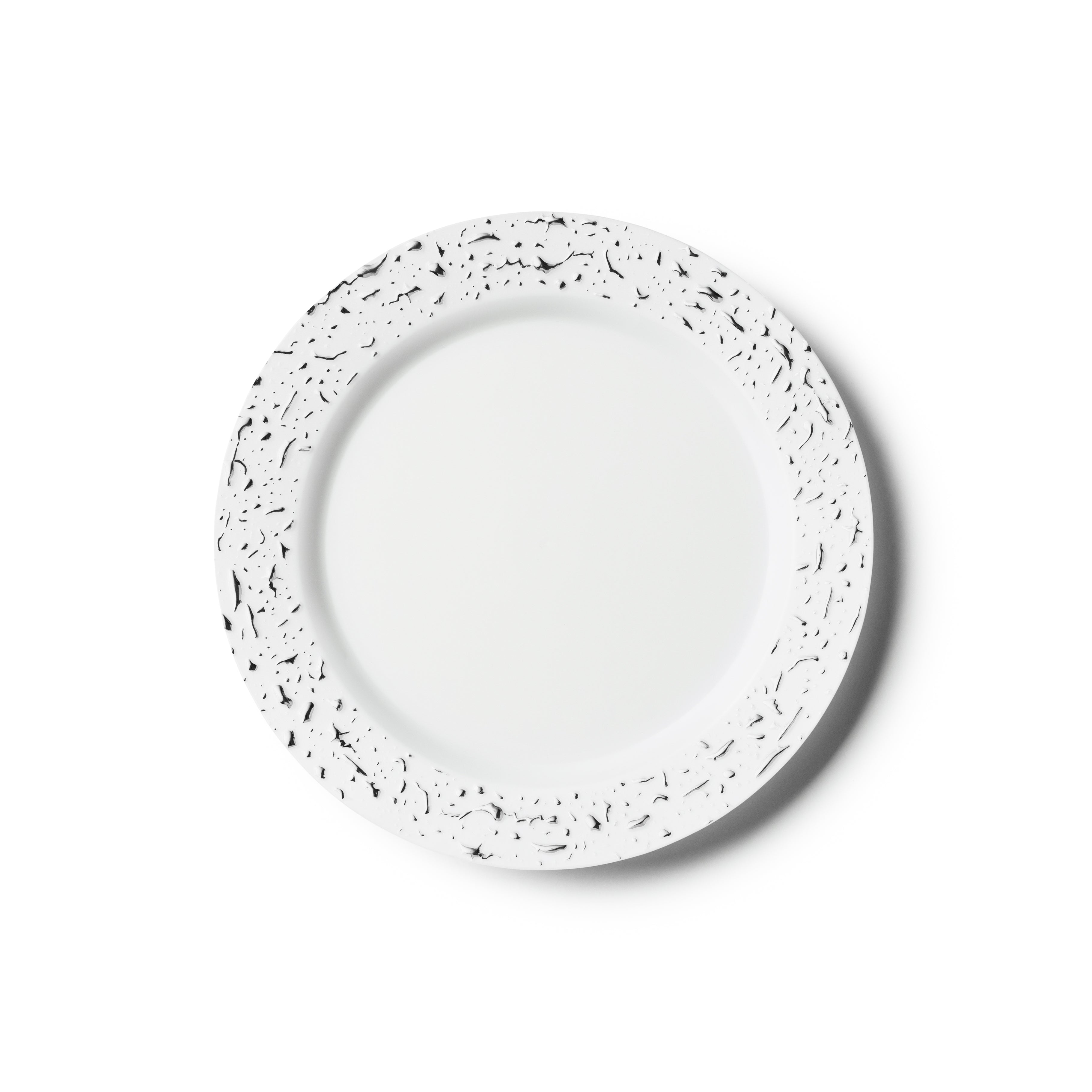 10-Pack White & Silver Round Plastic Plates with Pebbled Texture - Elegant Disposable Dinnerware for Parties, Picnics, and Outdoor Events