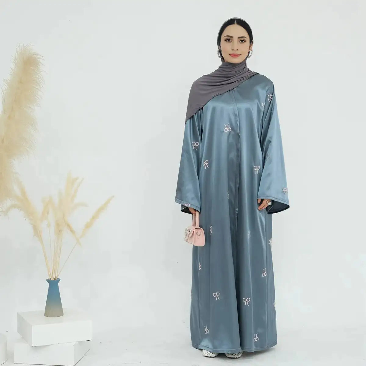 Elegant Open Abaya Dress with Bow Embroidery - Satin Cardigan for Women in Gray, Coffee & Black | Perfect for Prayer, Modest Fashion & Special Occasions